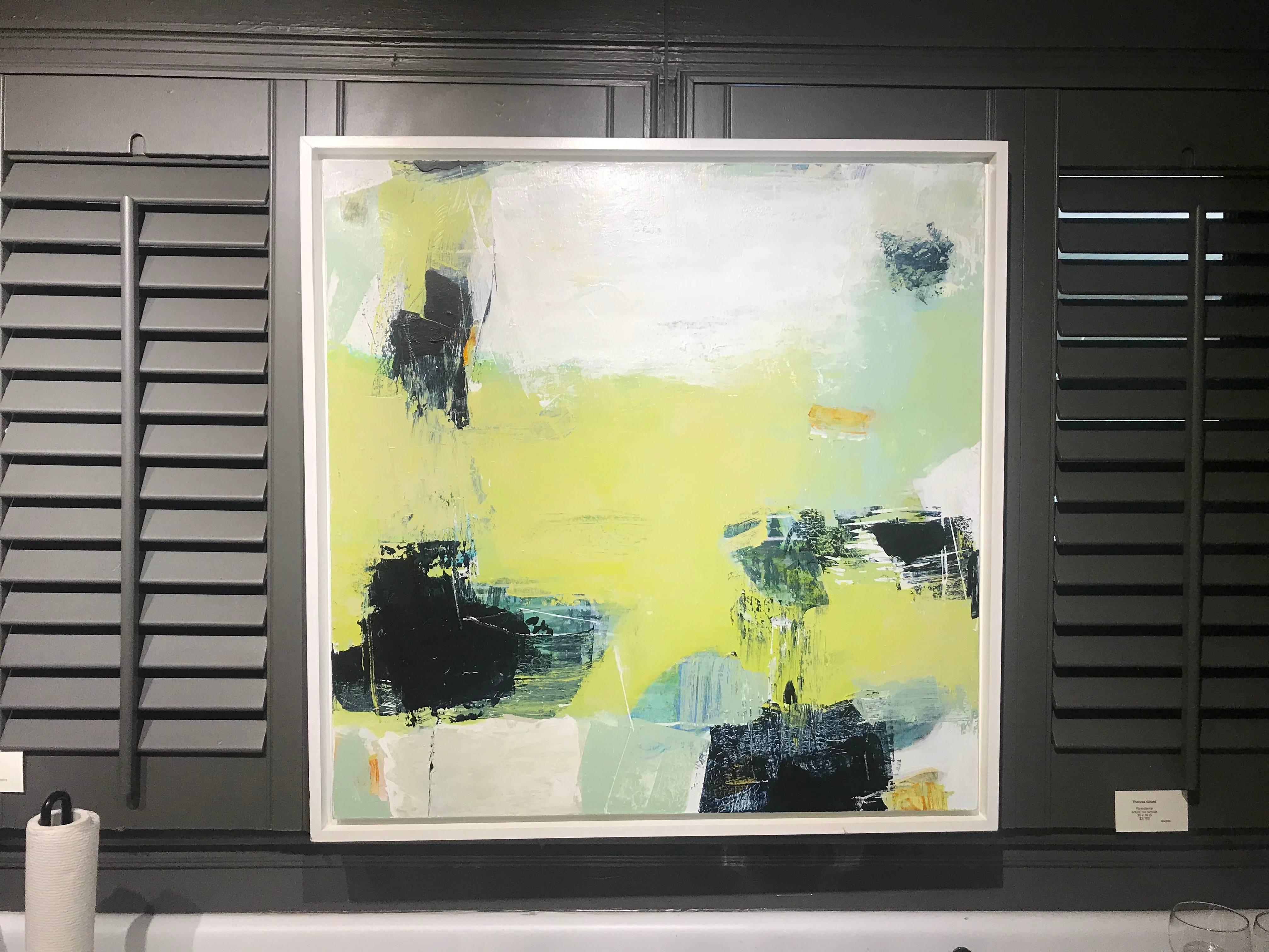 This abstract painting by American artist Theresa Girard is framed in a simple white floater frame, bringing the size to 32 x 32 framed.  The artist signed this piece on the back.

Theresa would be the first to tell you that she does not fit into a