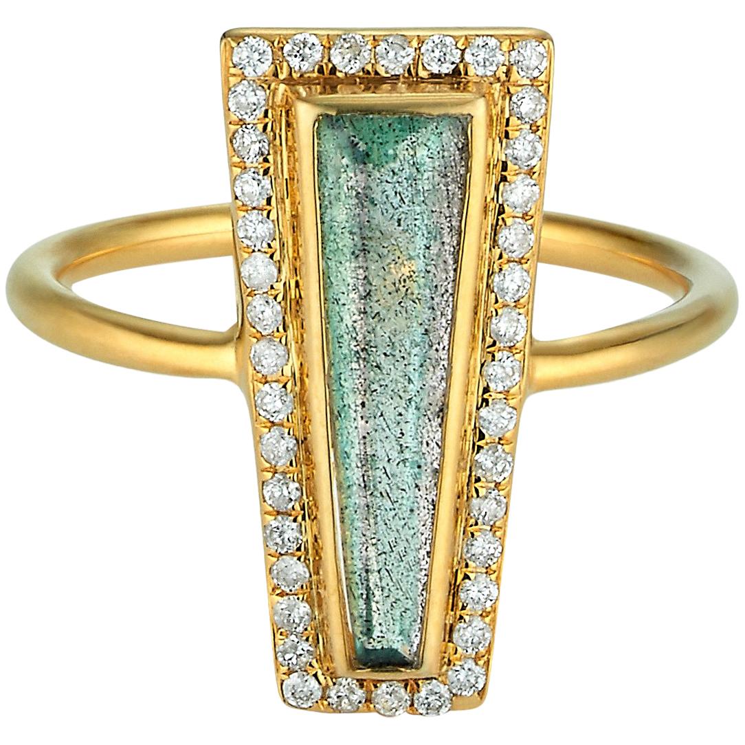 Theresa Kaz Jewelry Labradorite & Diamond Halo Elongated Tapered Baguette Ring For Sale