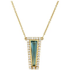 Theresa Kaz Jewelry London Blue Topaz & Diamond Halo Tapered Baguette Necklace