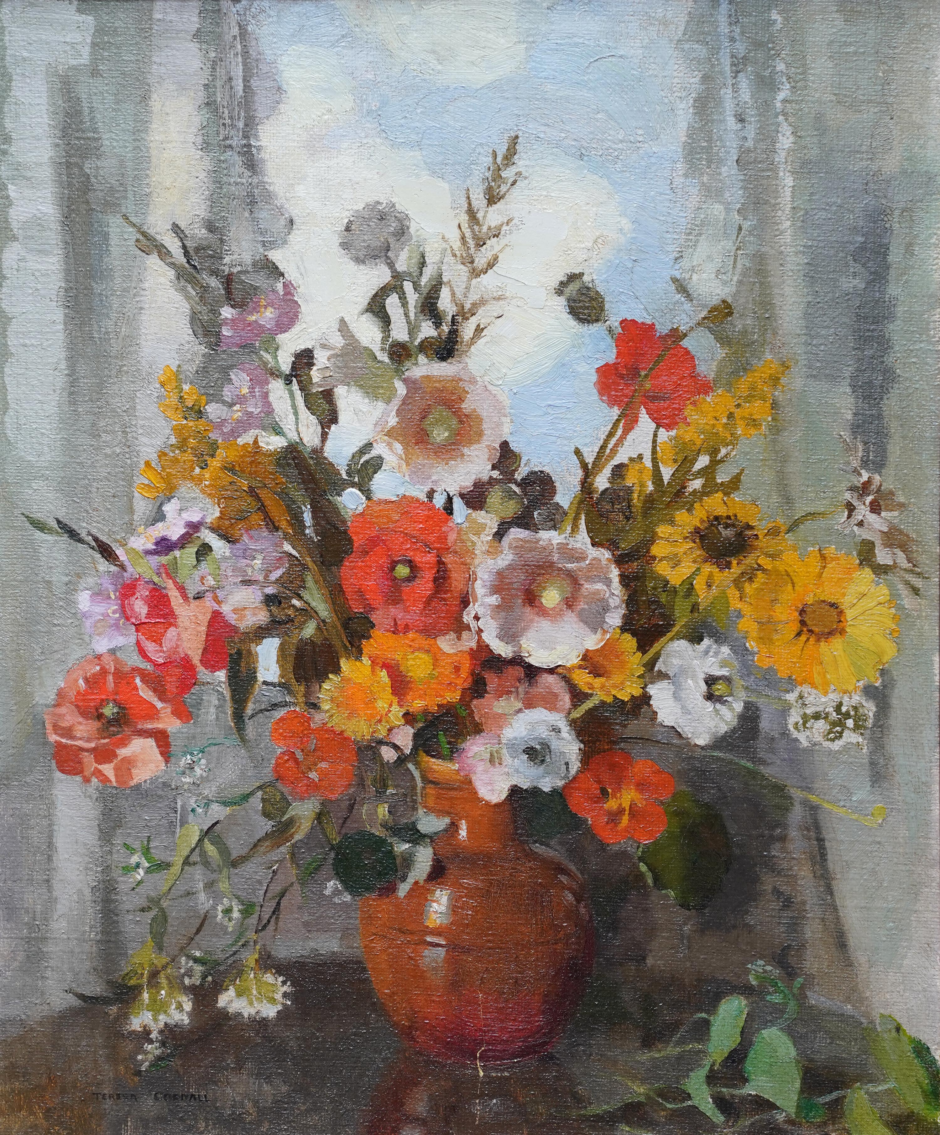 Still Life Summer Floral Arrangement - British Slade School flower oil painting For Sale 8