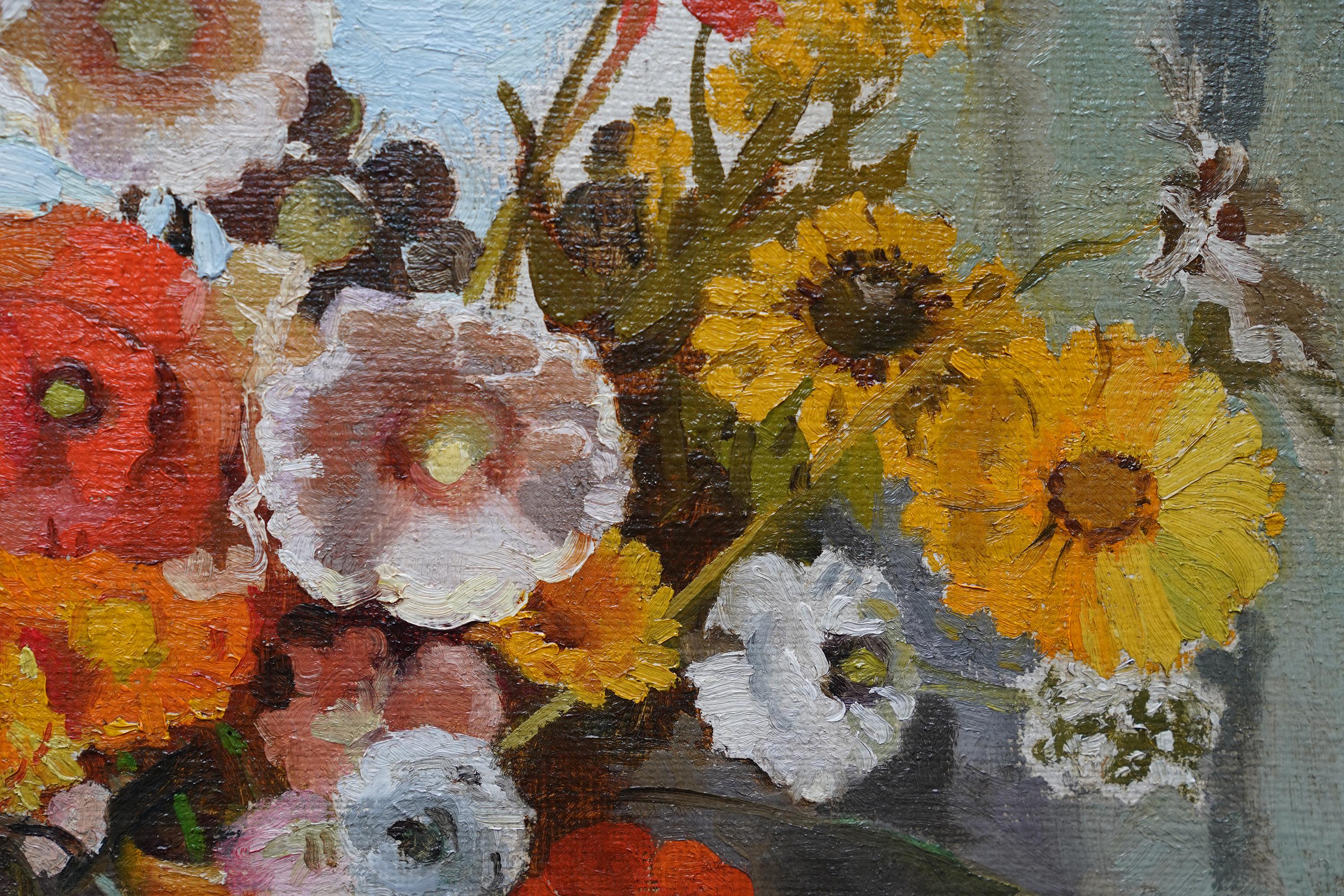 Still Life Summer Floral Arrangement - British Slade School flower oil painting For Sale 1