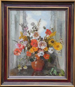 Nature morte - Arrangement floral d'été - Peinture à l'huile de fleurs de l'école britannique de Slade