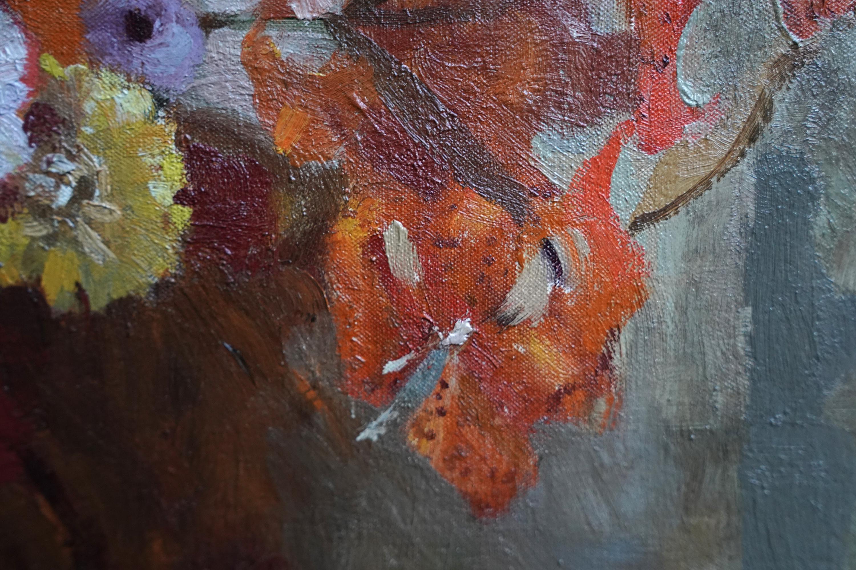 Weiße und orangefarbene Blumen in einer Schale – florales Ölgemälde des britischen Impressionismus im Angebot 6