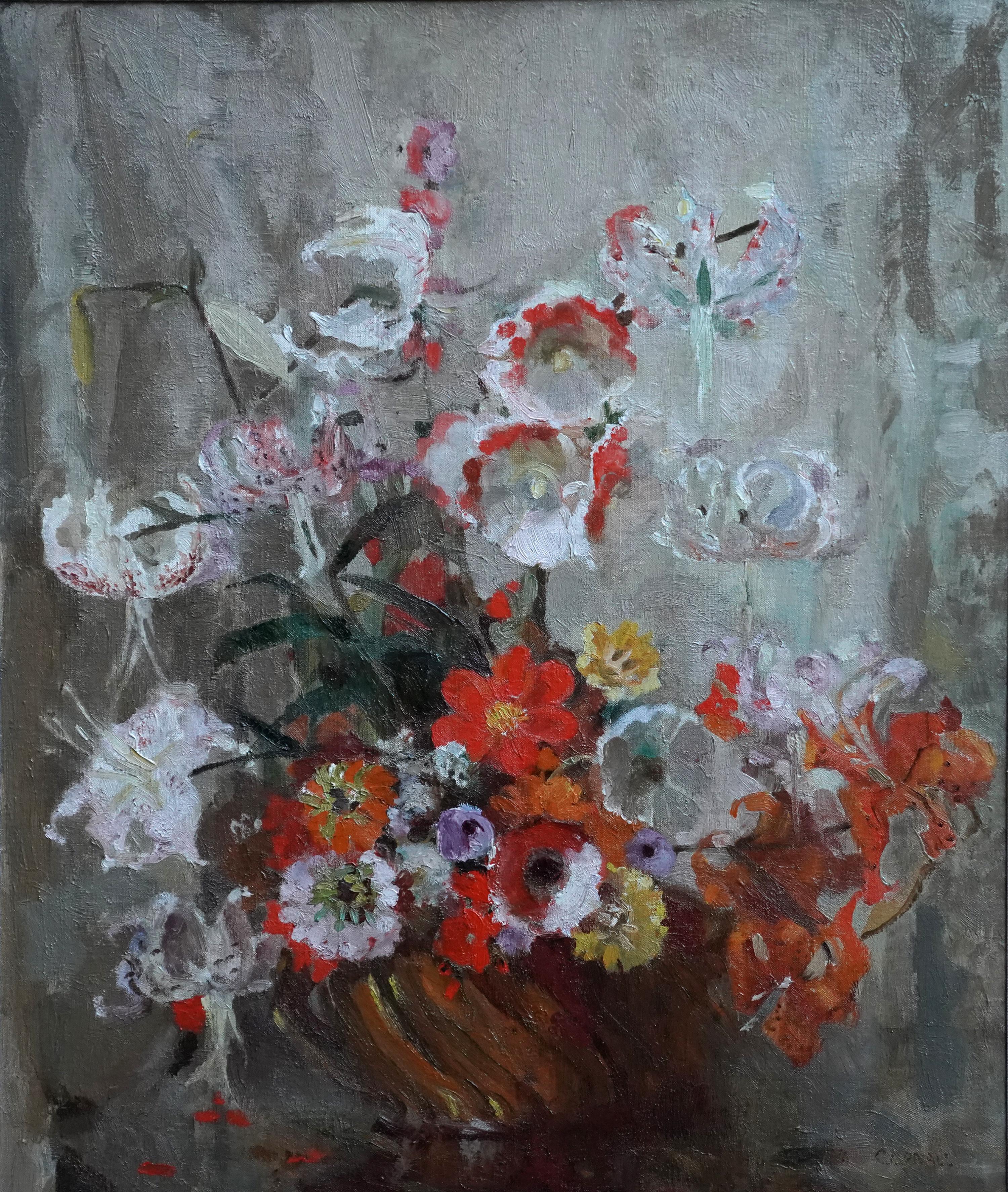 White and Orange Flowers in a Bowl - British Impressionist floral oil painting - Painting by Theresa Norah Copnall