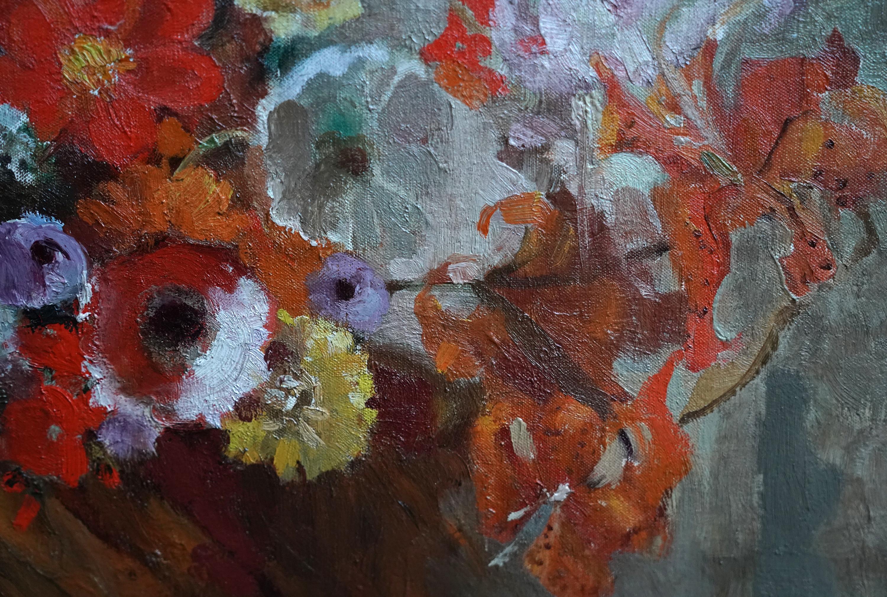Weiße und orangefarbene Blumen in einer Schale – florales Ölgemälde des britischen Impressionismus im Angebot 4