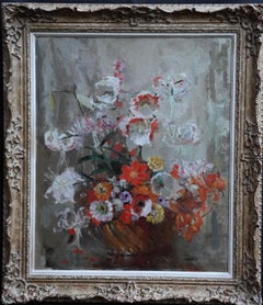 White and Orange Flowers in a Bowl - British Impressionist floral oil painting
