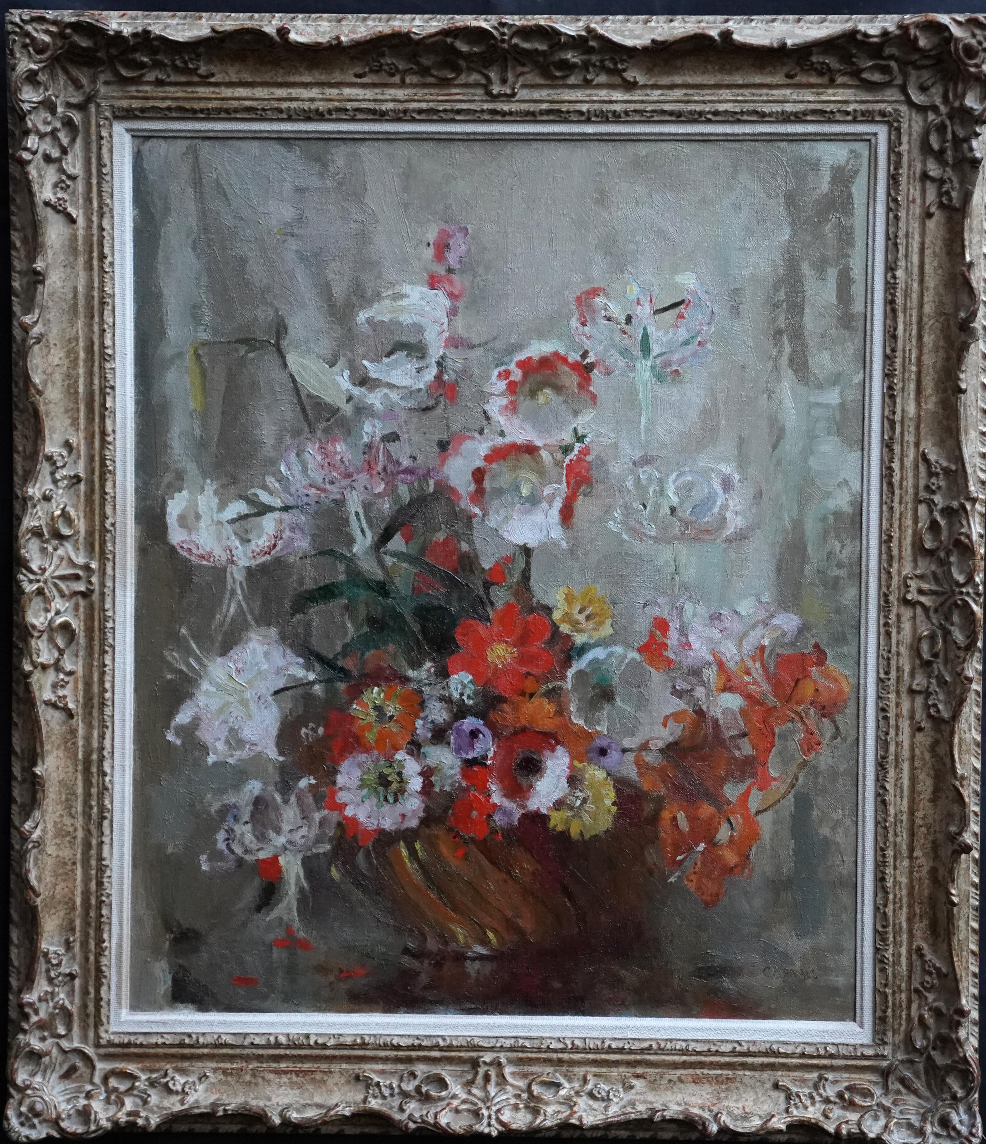 Fleurs blanches et orange dans un bol - Peinture à l'huile impressionniste britannique