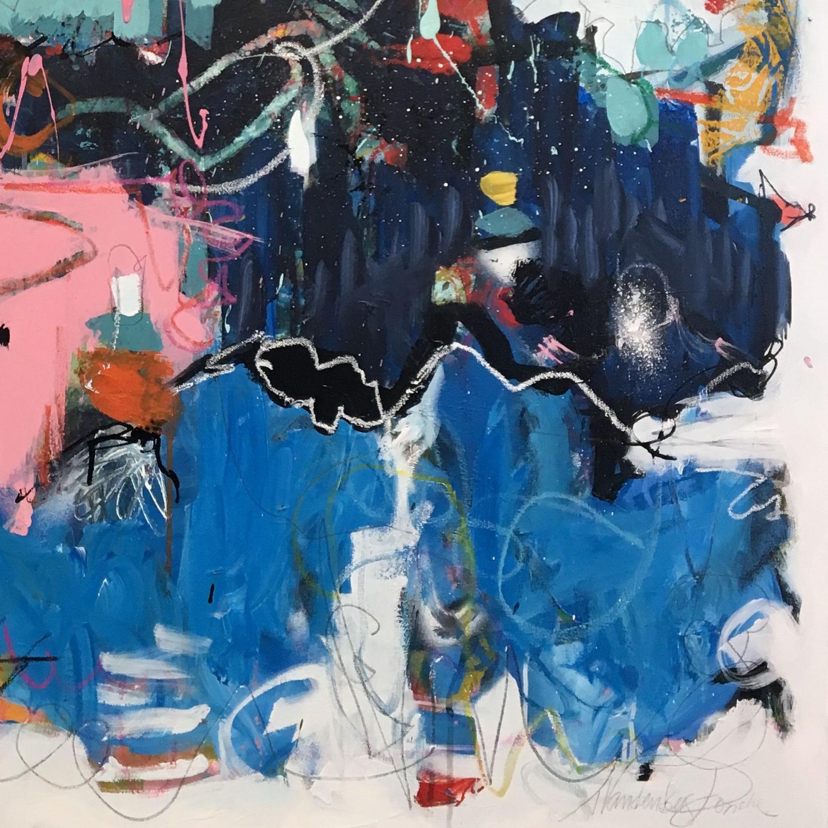 Intuitiv und gestisch gemalt mit Acryl, Ölstift, Bleistift, Tusche und Sprühfarbe.  Ein kleines Boot, das auf einer stürmischen See treibt :: Mixed Media :: Abstrakt :: Dieses Werk wird mit einem offiziellen, vom Künstler unterzeichneten