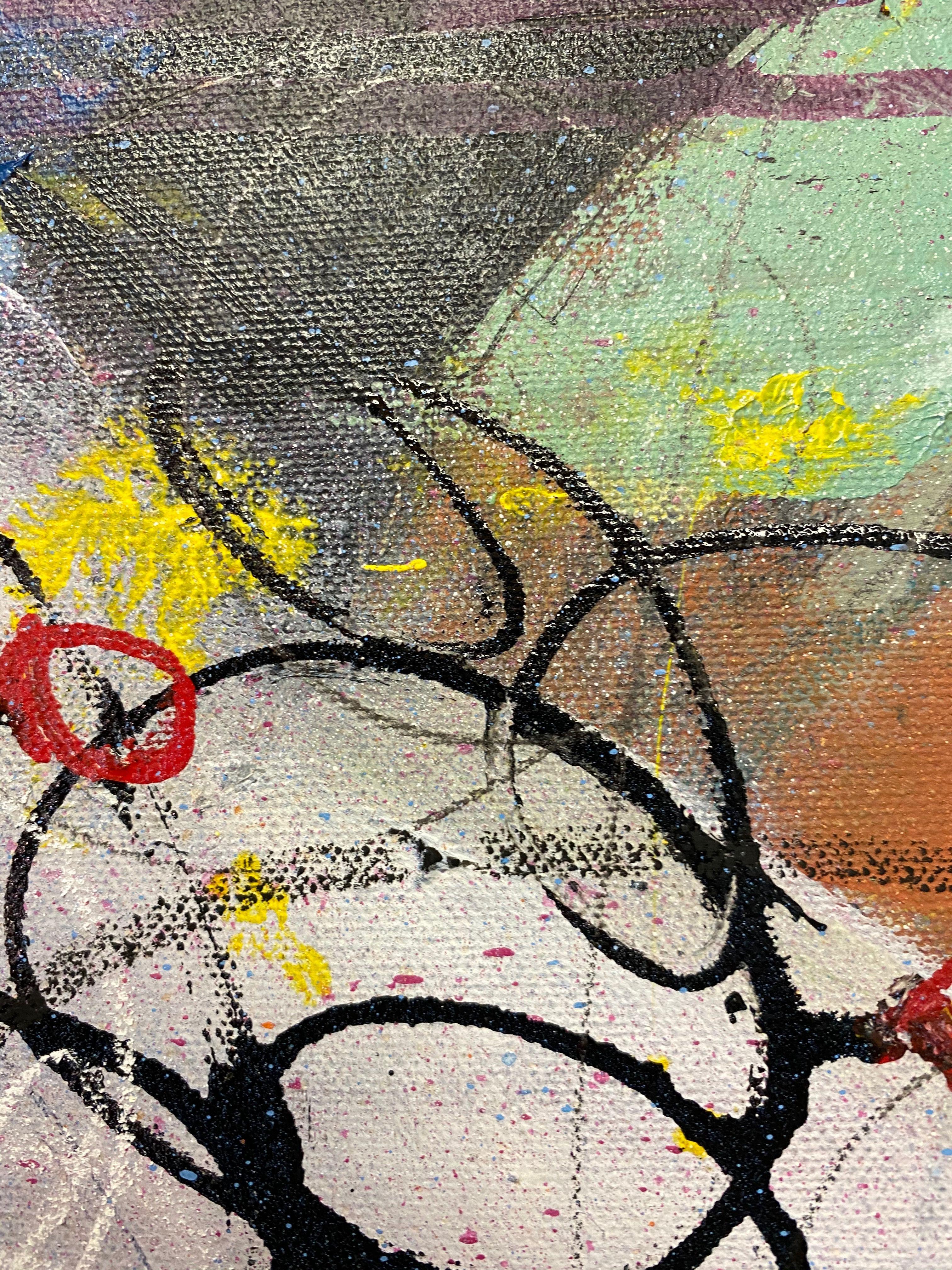 Anticipation, pent up energy, seeing where it all falls out.  Intuitively and gestural marks with acrylic, spray paint, ink and pencil  on a stretched canvas, ready to hang. :: Painting :: Abstract :: This piece comes with an official certificate of