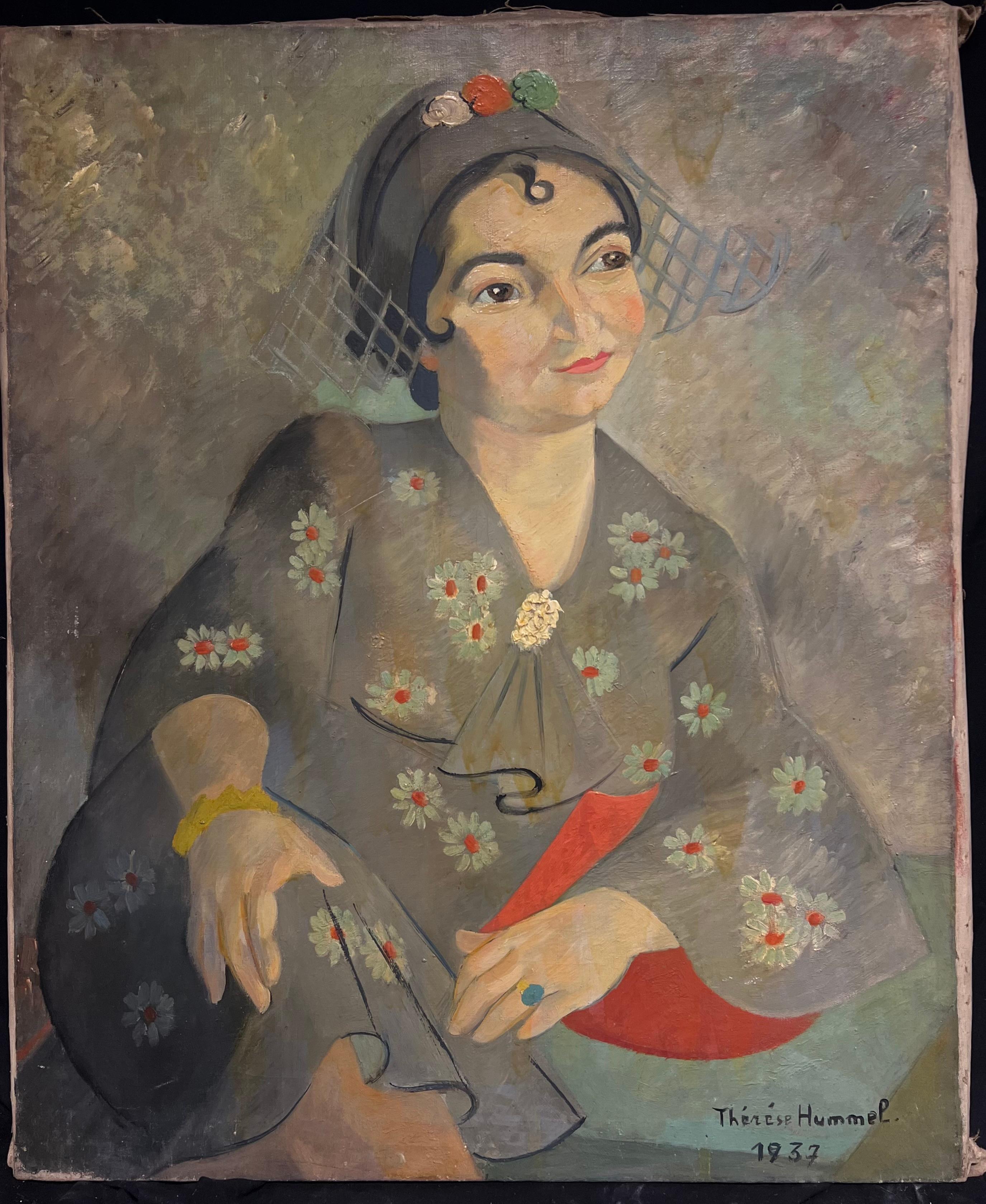 1930's French Post-Impressionist Oil Elegant Portrait of Woman in Floral Attire - Painting by Therese Hummel