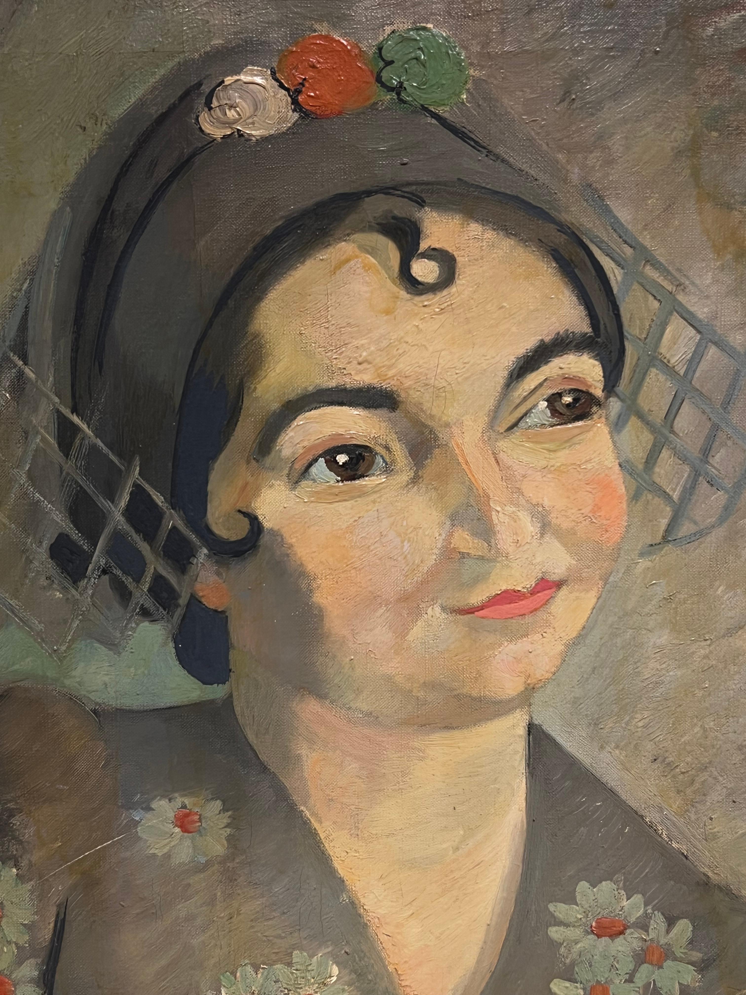 1930's French Post-Impressionist Oil Elegant Portrait of Woman in Floral Attire - Cubist Painting by Therese Hummel