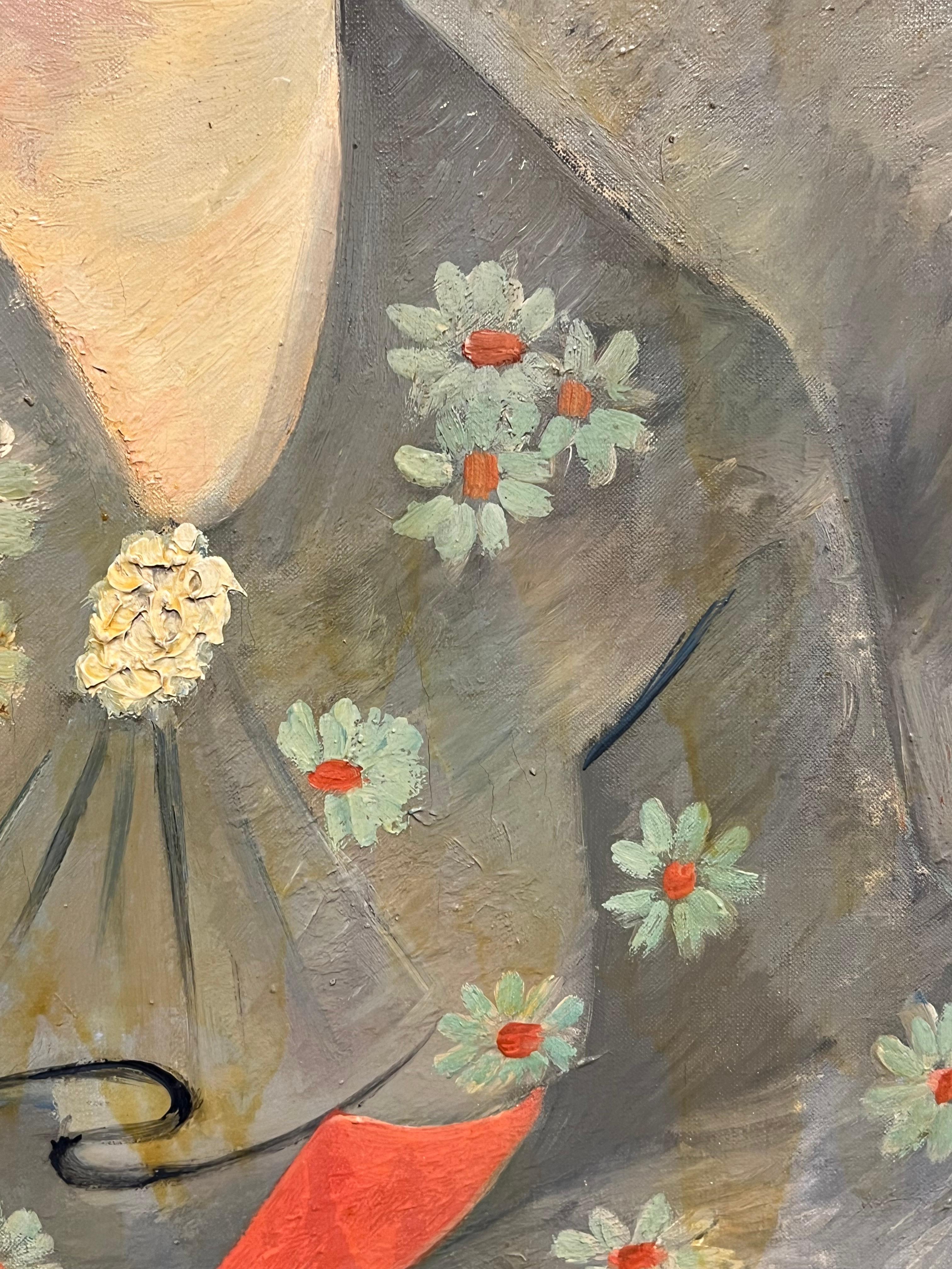 1930's French Post-Impressionist Oil Elegant Portrait of Woman in Floral Attire - Gray Figurative Painting by Therese Hummel