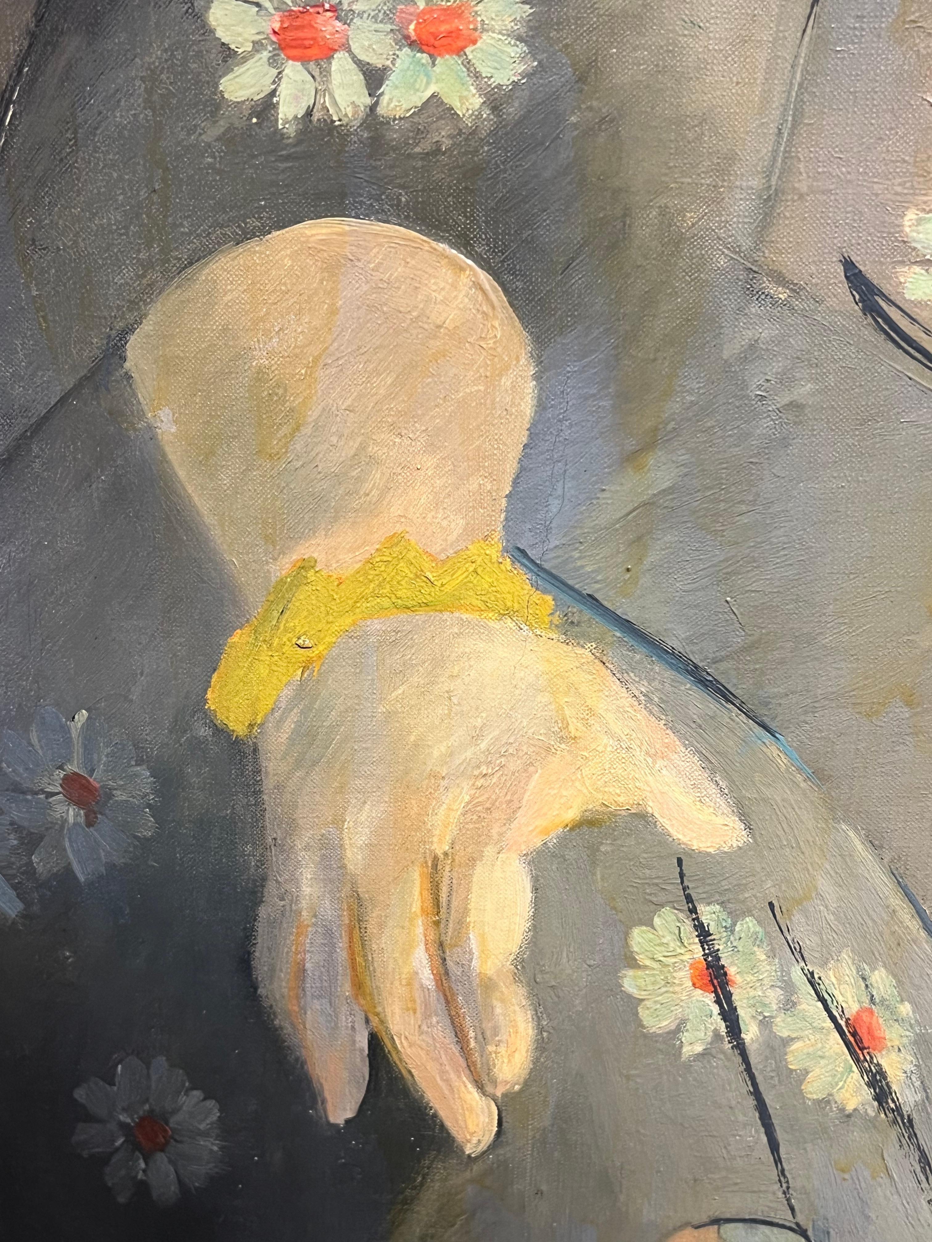 1930's French Post-Impressionist Oil Elegant Portrait of Woman in Floral Attire For Sale 1