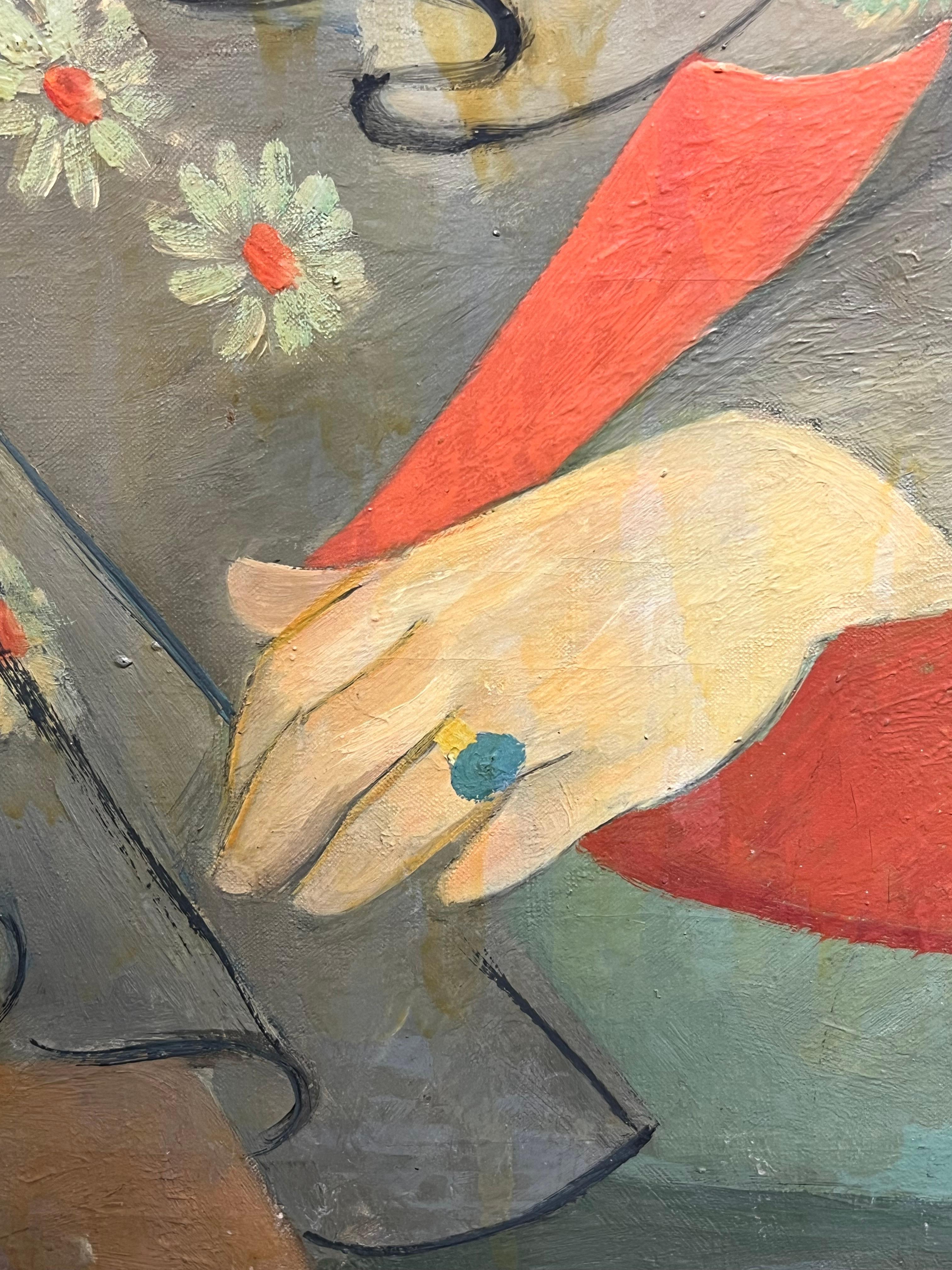1930's French Post-Impressionist Oil Elegant Portrait of Woman in Floral Attire For Sale 2