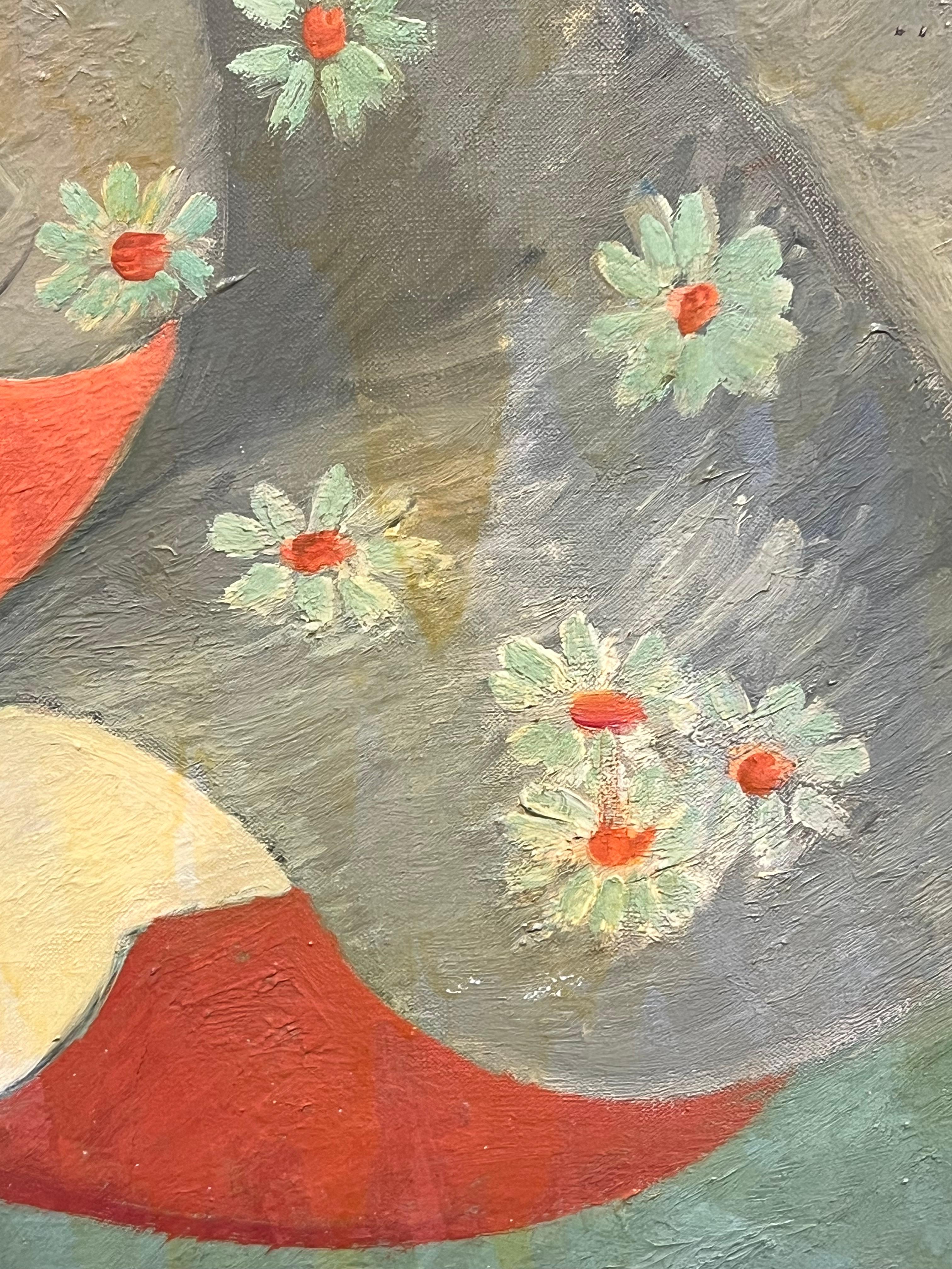1930's French Post-Impressionist Oil Elegant Portrait of Woman in Floral Attire For Sale 4