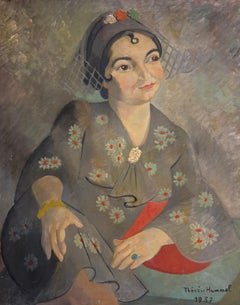 1930's French Post-Impressionist Oil Elegant Portrait of Woman in Floral Attire