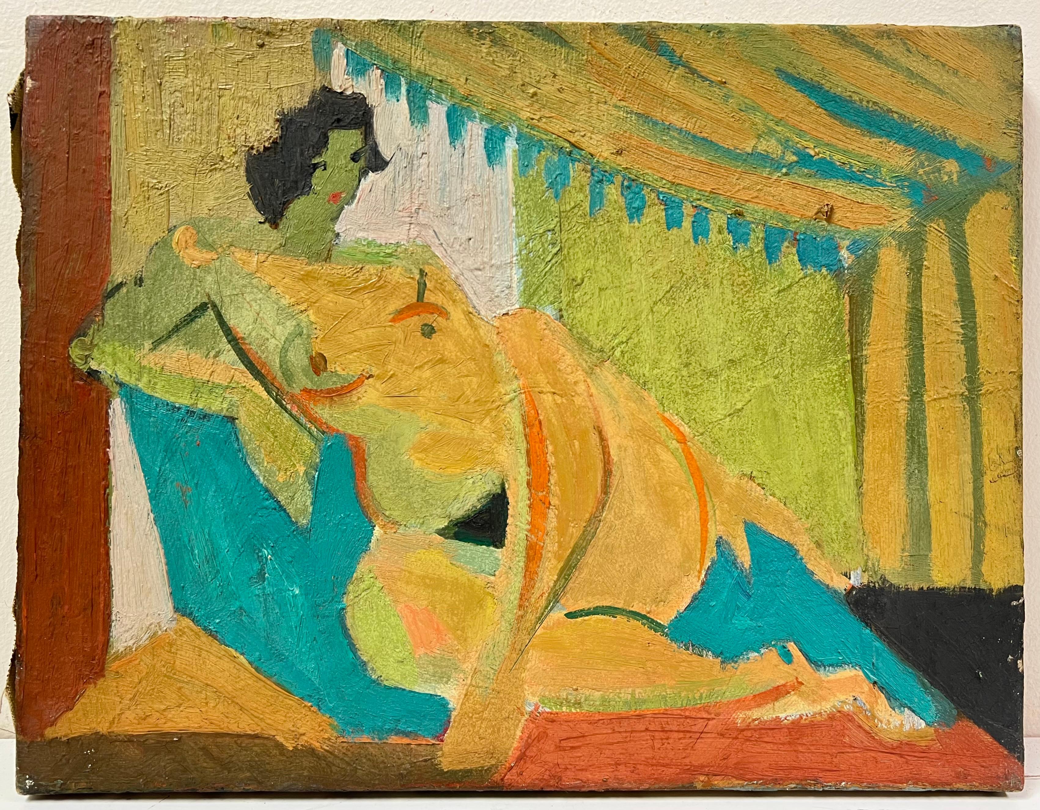 1950's French Cubist Portrait Reclining Nude Figure in Vibrant Interior oil - Painting by Therese Hummel