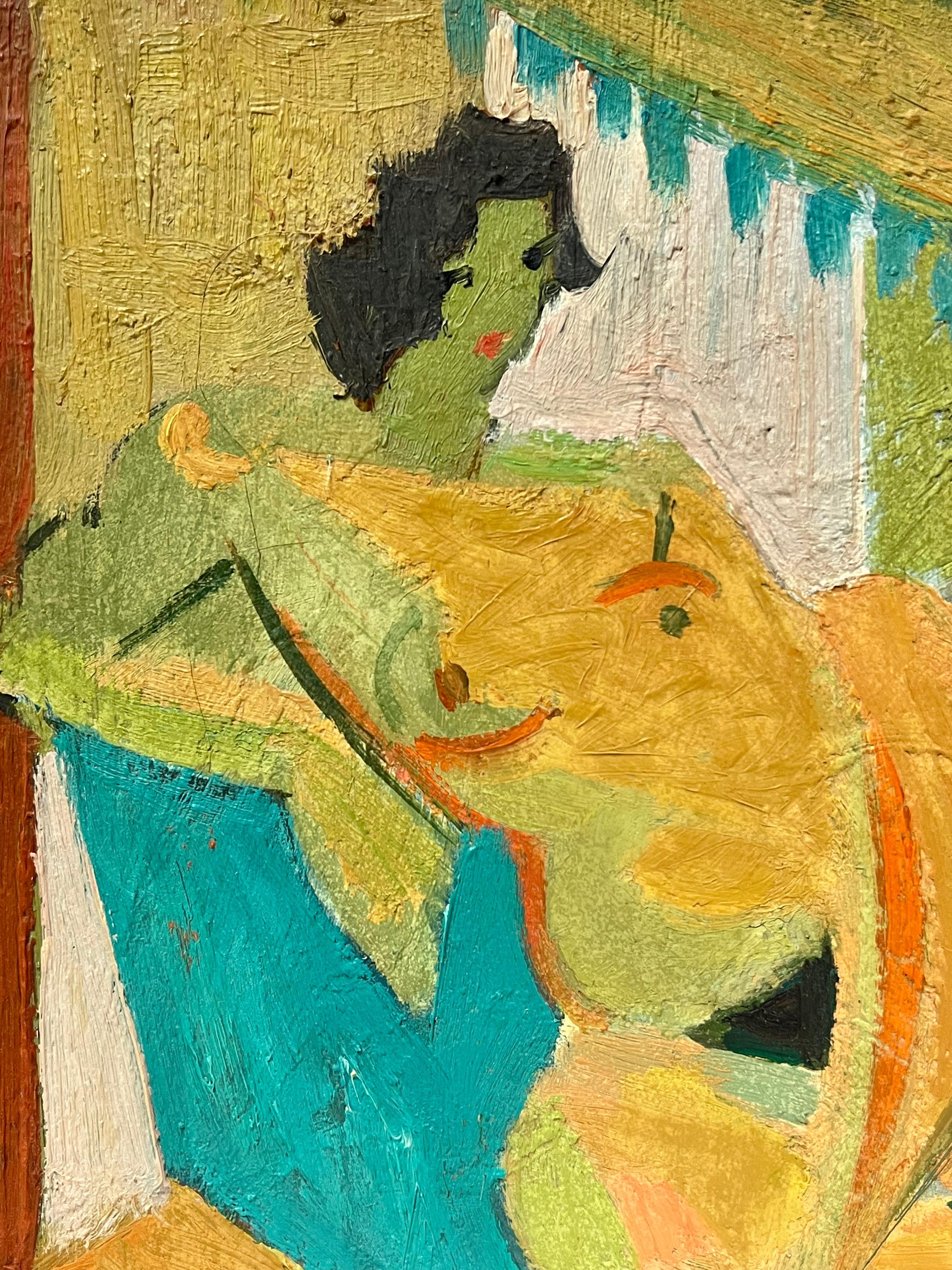 1950's French Cubist Portrait Reclining Nude Figure in Vibrant Interior oil - Brown Nude Painting by Therese Hummel