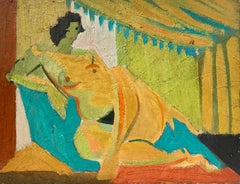 Retrato cubista francés de los años 50 Figura desnuda reclinada en óleo interior vibrante