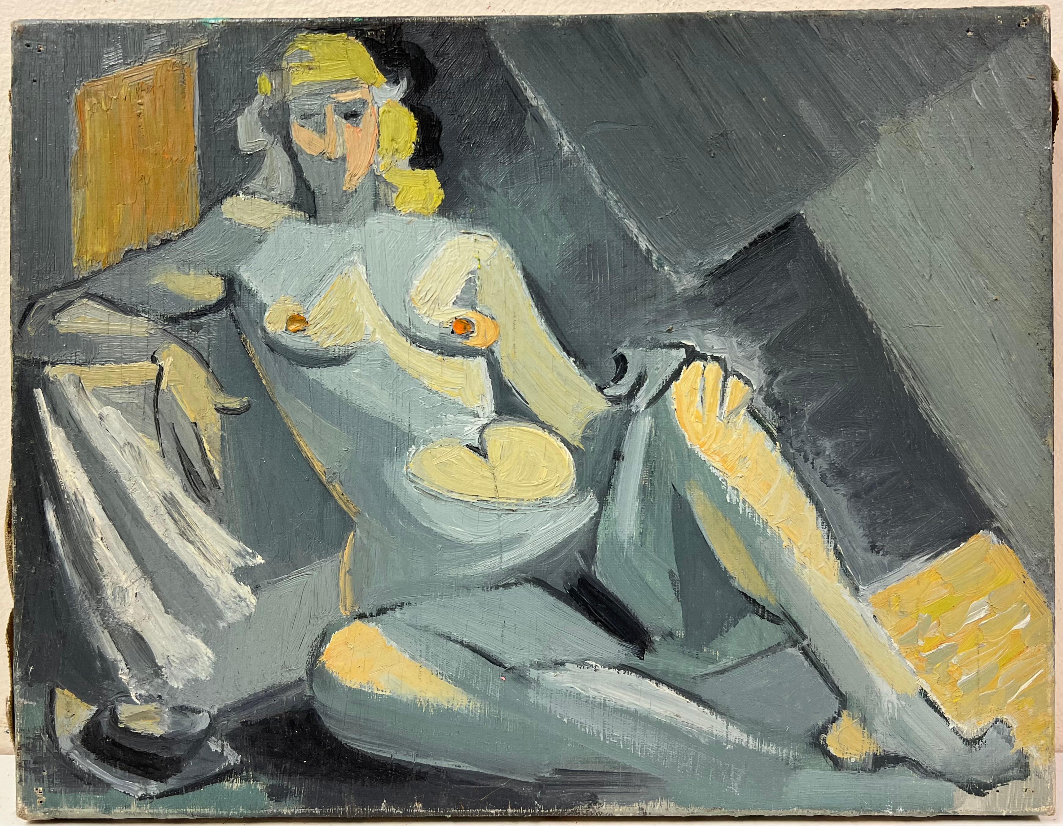 Mid 20th C French Oil Cubist Nude Portrait of a Blonde Woman in a Grey Interior - Painting by Therese Hummel