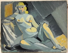 Mid 20th C French Oil Cubist Nude Portrait of a Blonde Woman in a Grey Interior