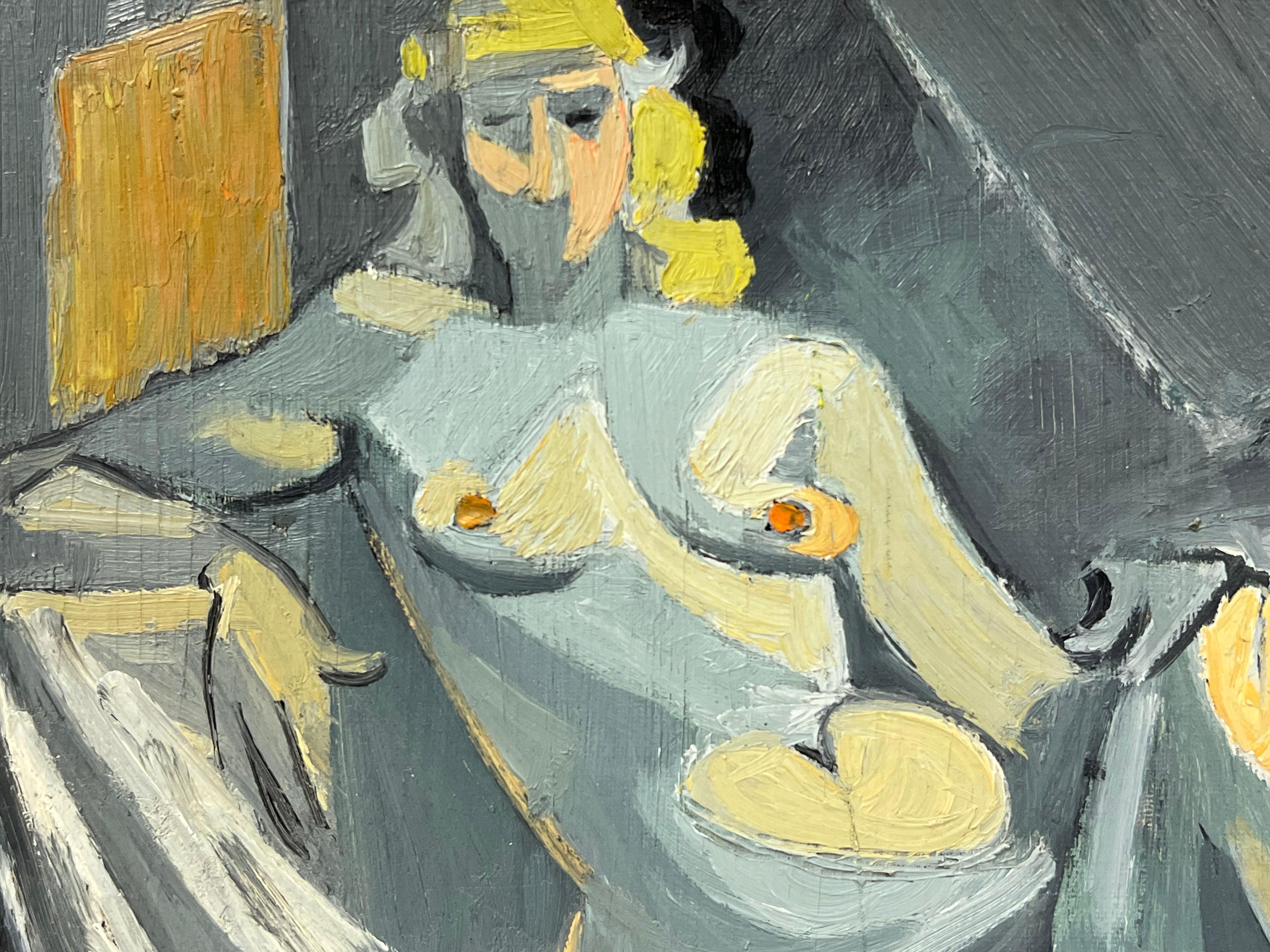 Mid 20th C French Oil Cubist Nude Portrait of a Blonde Woman in a Grey Interior - Gray Nude Painting by Therese Hummel