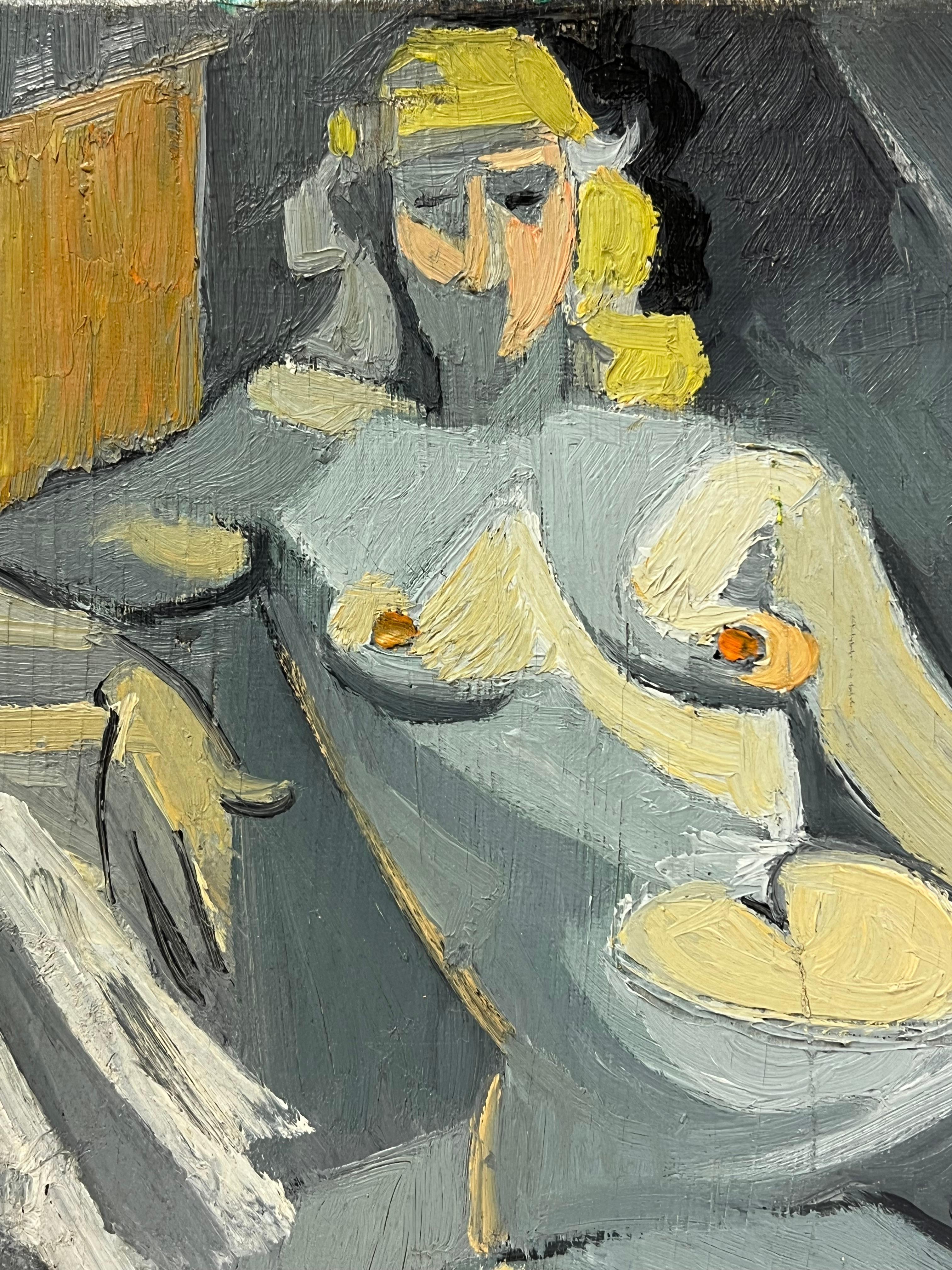 Mid 20th C French Oil Cubist Nude Portrait of a Blonde Woman in a Grey Interior For Sale 2