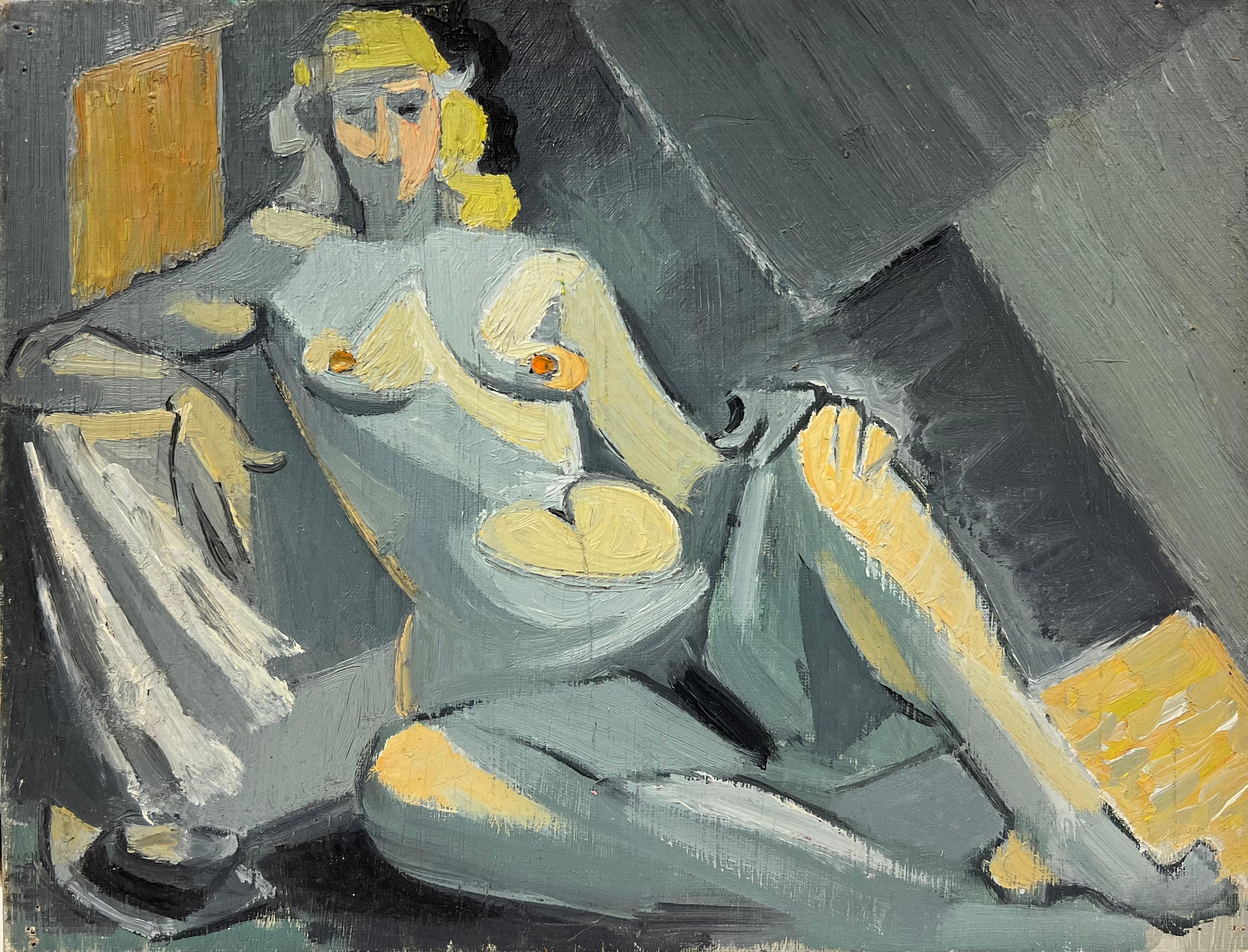Mid 20th C French Oil Cubist Nude Portrait of a Blonde Woman in a Grey Interior