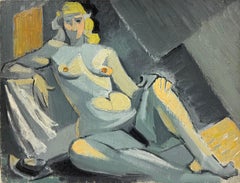 Mediados del siglo XX Óleo francés Cubista Desnudo Retrato de mujer rubia en un interior gris
