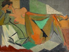 Vintage Mid 20th-Century French Cubist Portrait Abstract Nude with Book