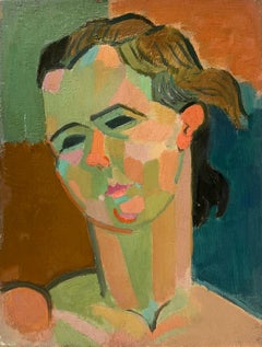 Vintage Mid 20th-Century French Cubist Portrait of a Woman Oil Painting