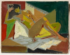 Retrato Cubista Francés de Mediados del Siglo XX Mujer Desnuda Reclinada y Posada