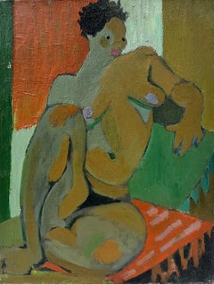 Mid 20th-Century French Oil Cubist Nude Portrait of Abstract Seated Figure