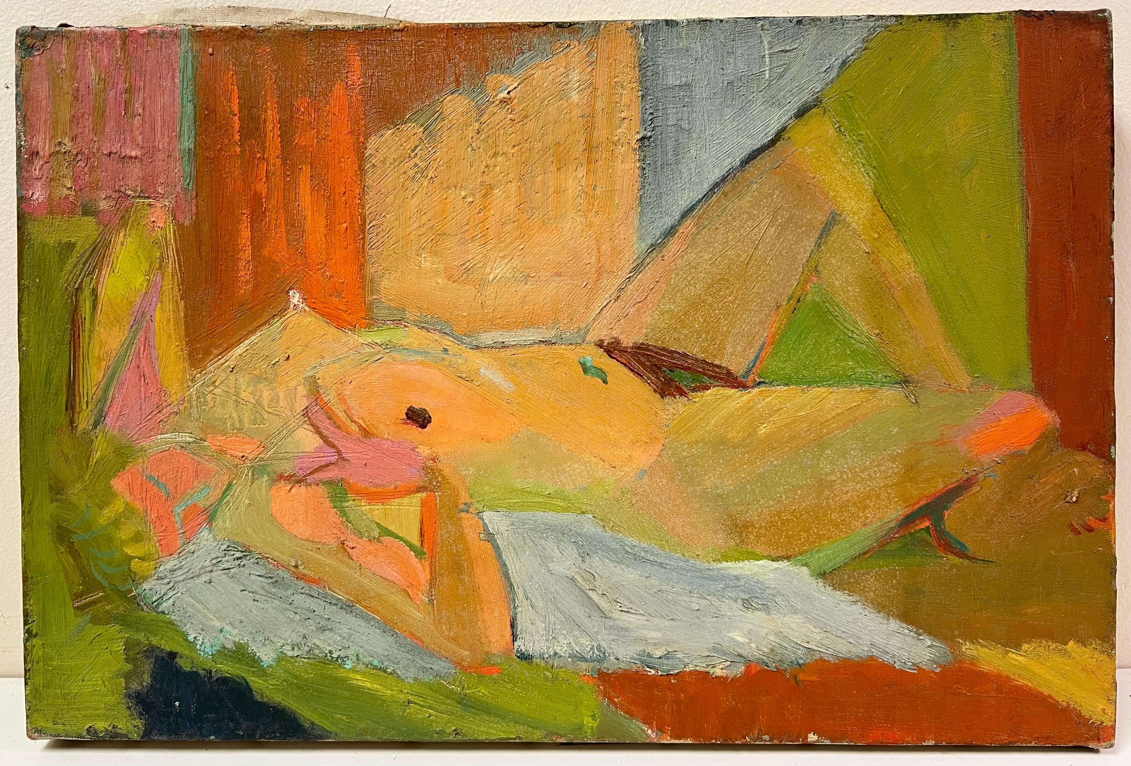 Olio francese della metà del XX secolo Ritratto di donna nuda che legge - Painting di Therese Hummel