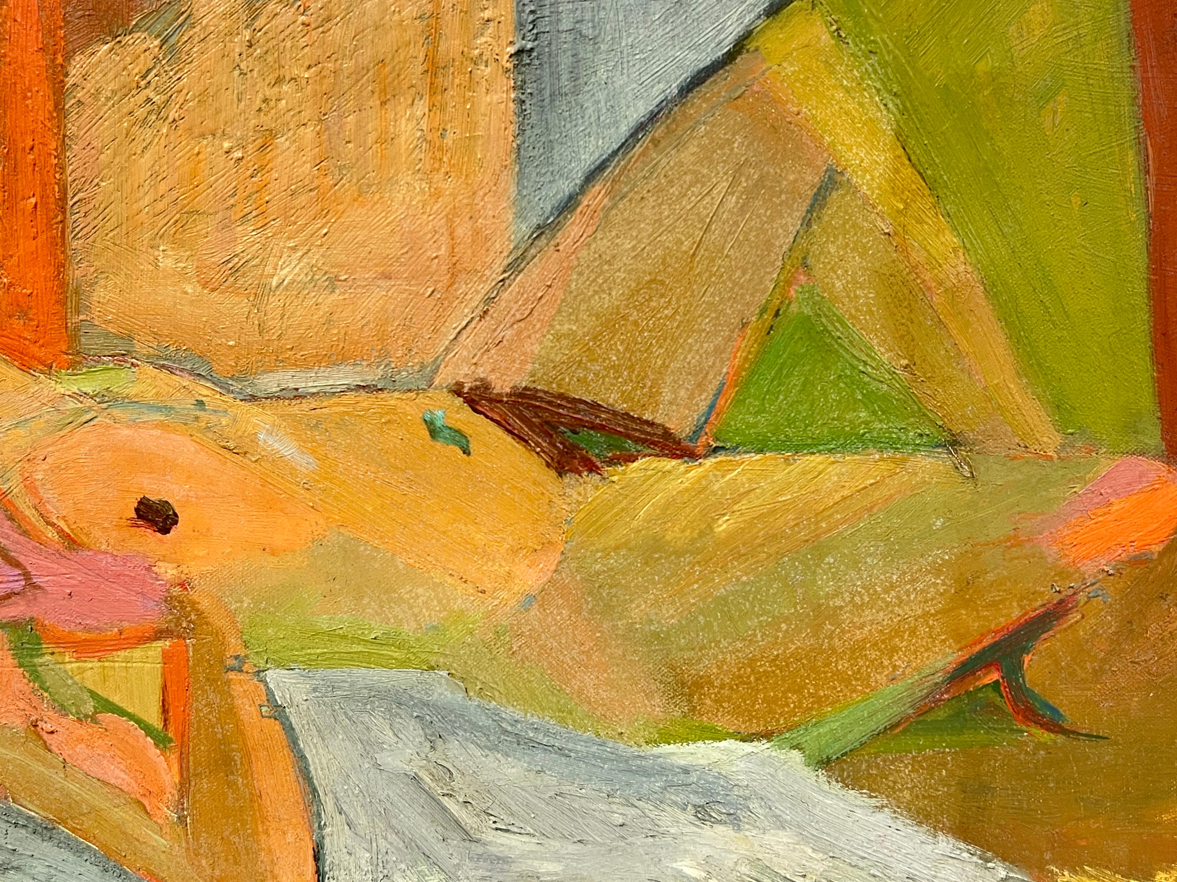 Olio francese della metà del XX secolo Ritratto di donna nuda che legge - Painting Cubismo di Therese Hummel