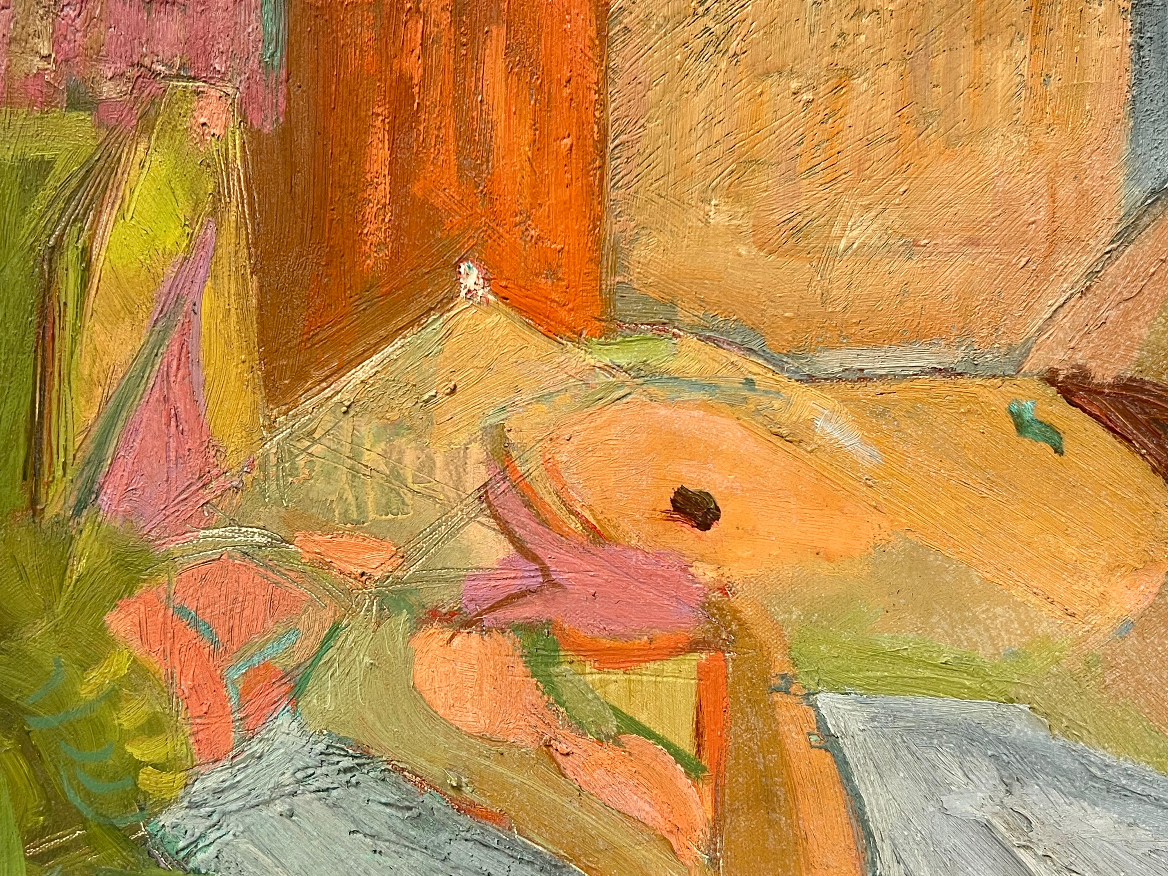 Olio francese della metà del XX secolo Ritratto di donna nuda che legge - Abstract Painting Marrone di Therese Hummel