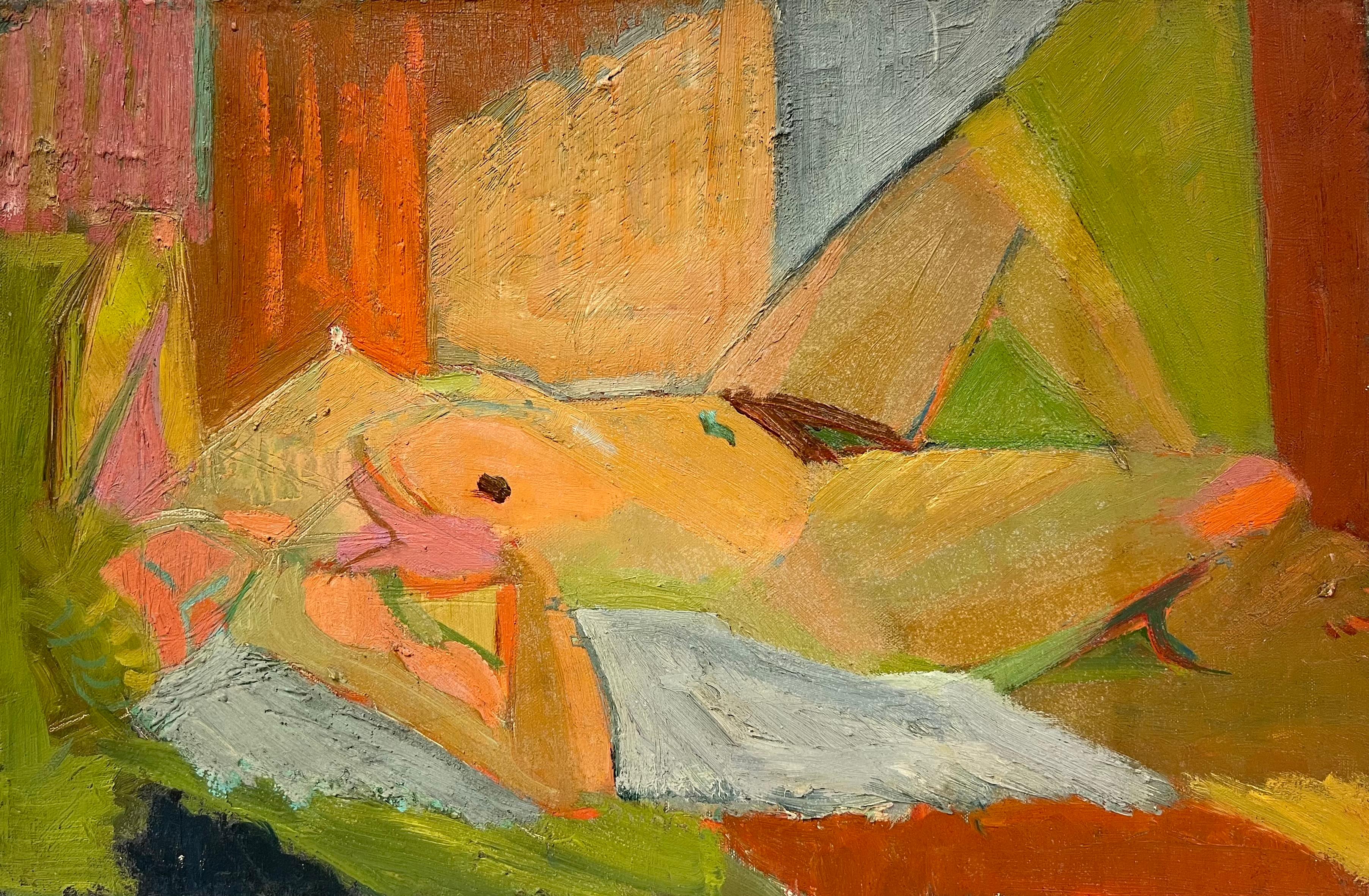 Abstract Painting di Therese Hummel - Olio francese della metà del XX secolo Ritratto di donna nuda che legge