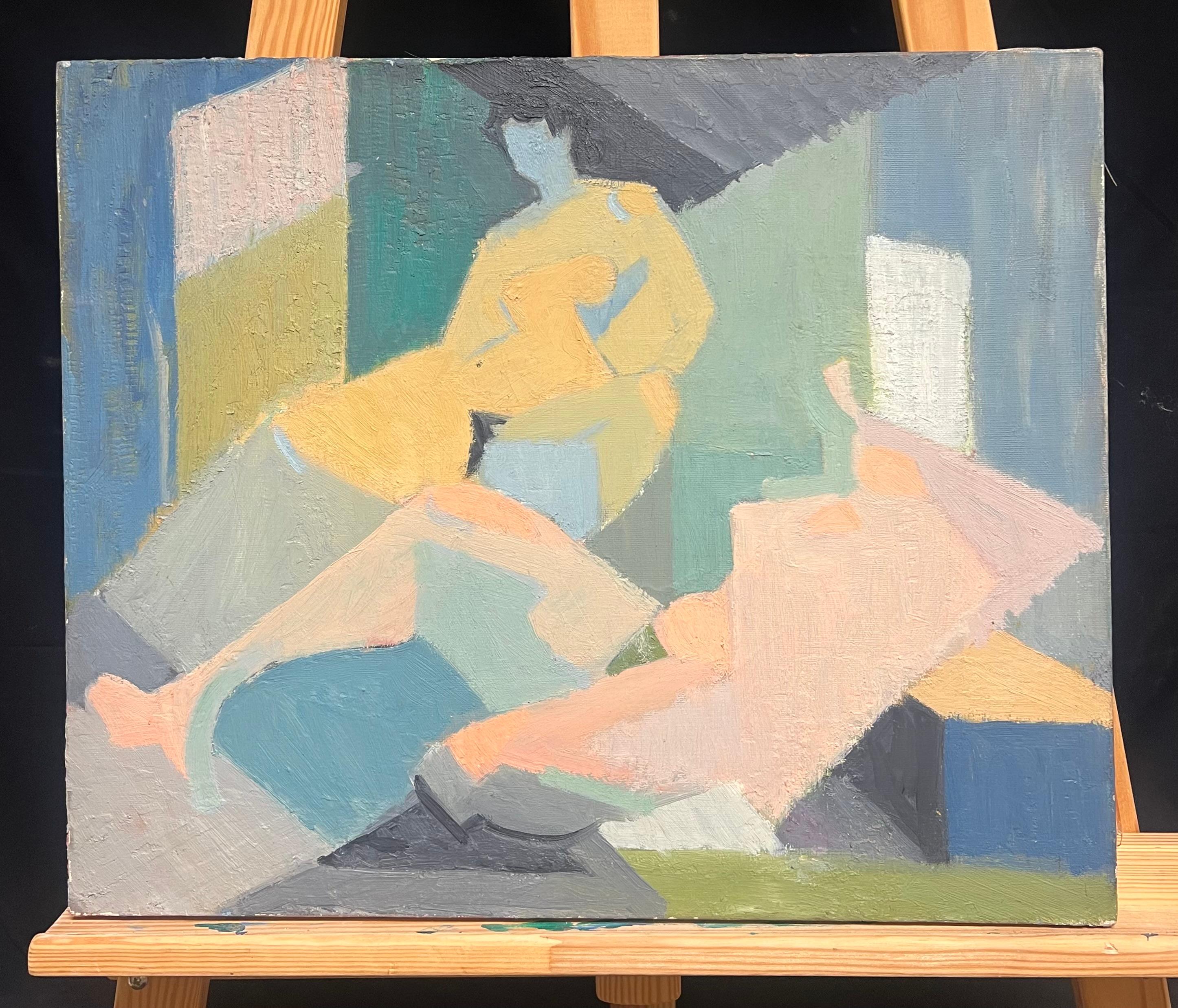 Pittura a olio francese della metà del XX secolo Ritratto cubista di figura nuda - Painting di Therese Hummel