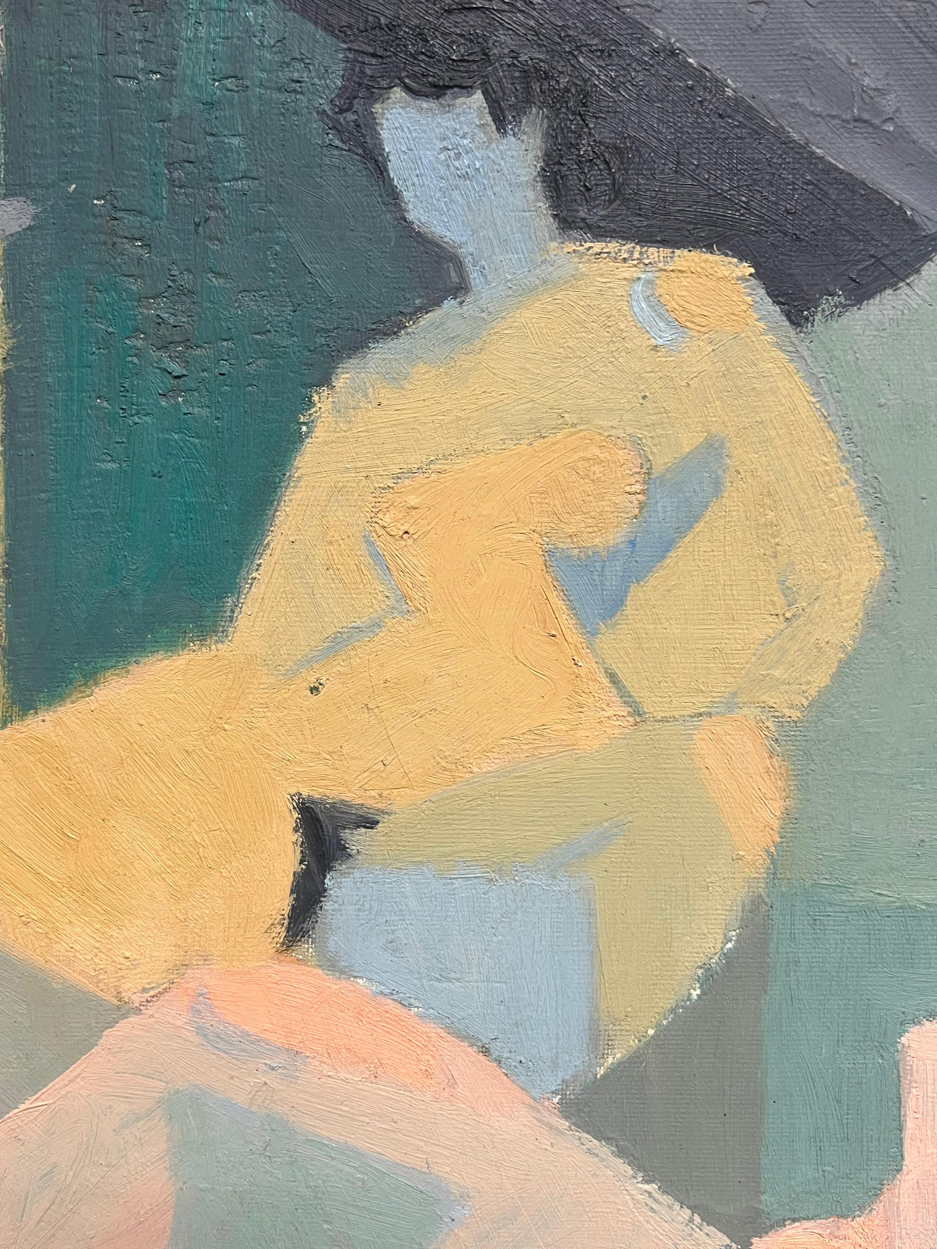 Pittura a olio francese della metà del XX secolo Ritratto cubista di figura nuda - Abstract Painting Grigio di Therese Hummel