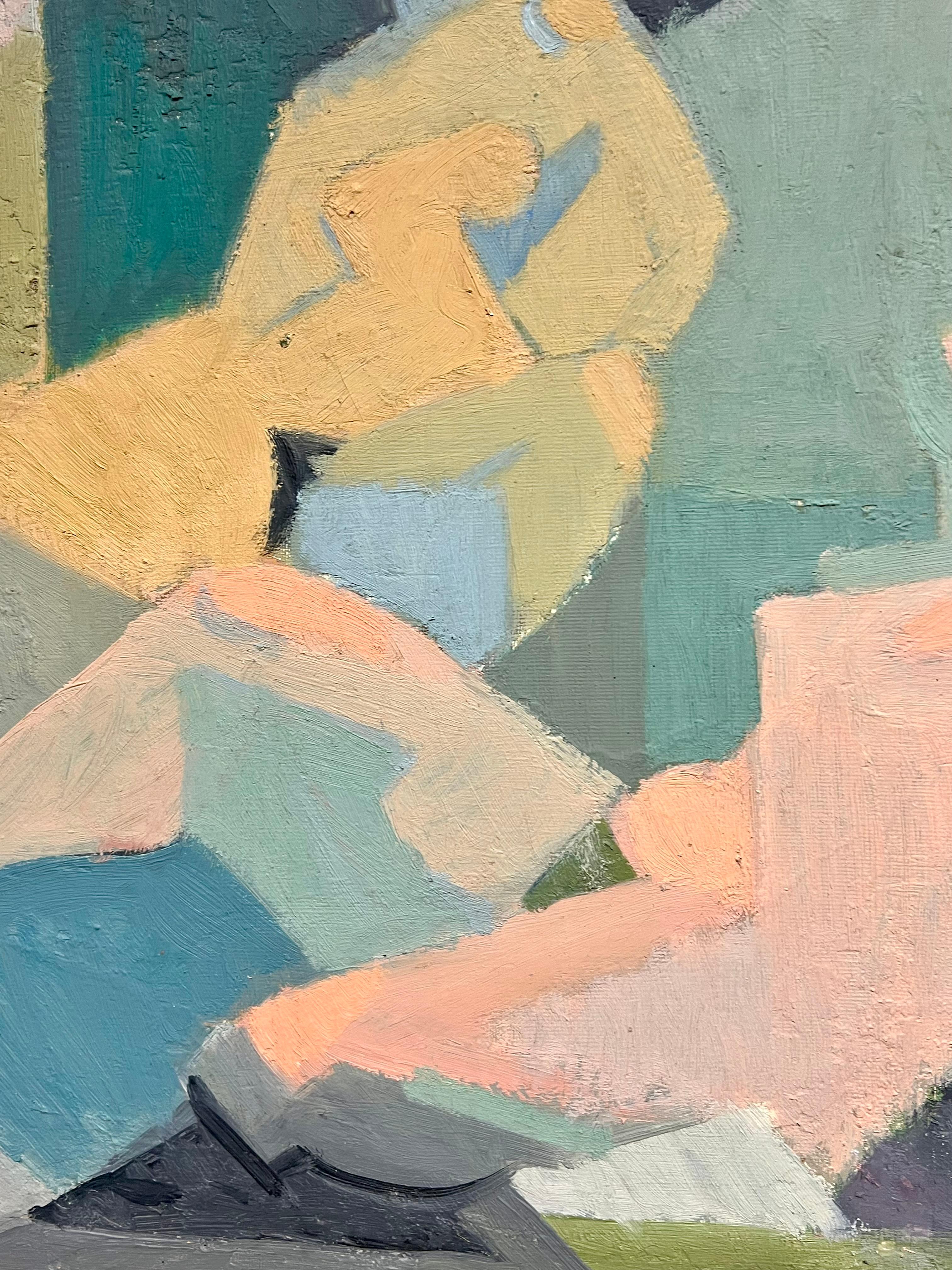 Pittura a olio francese della metà del XX secolo Ritratto cubista di figura nuda in vendita 3