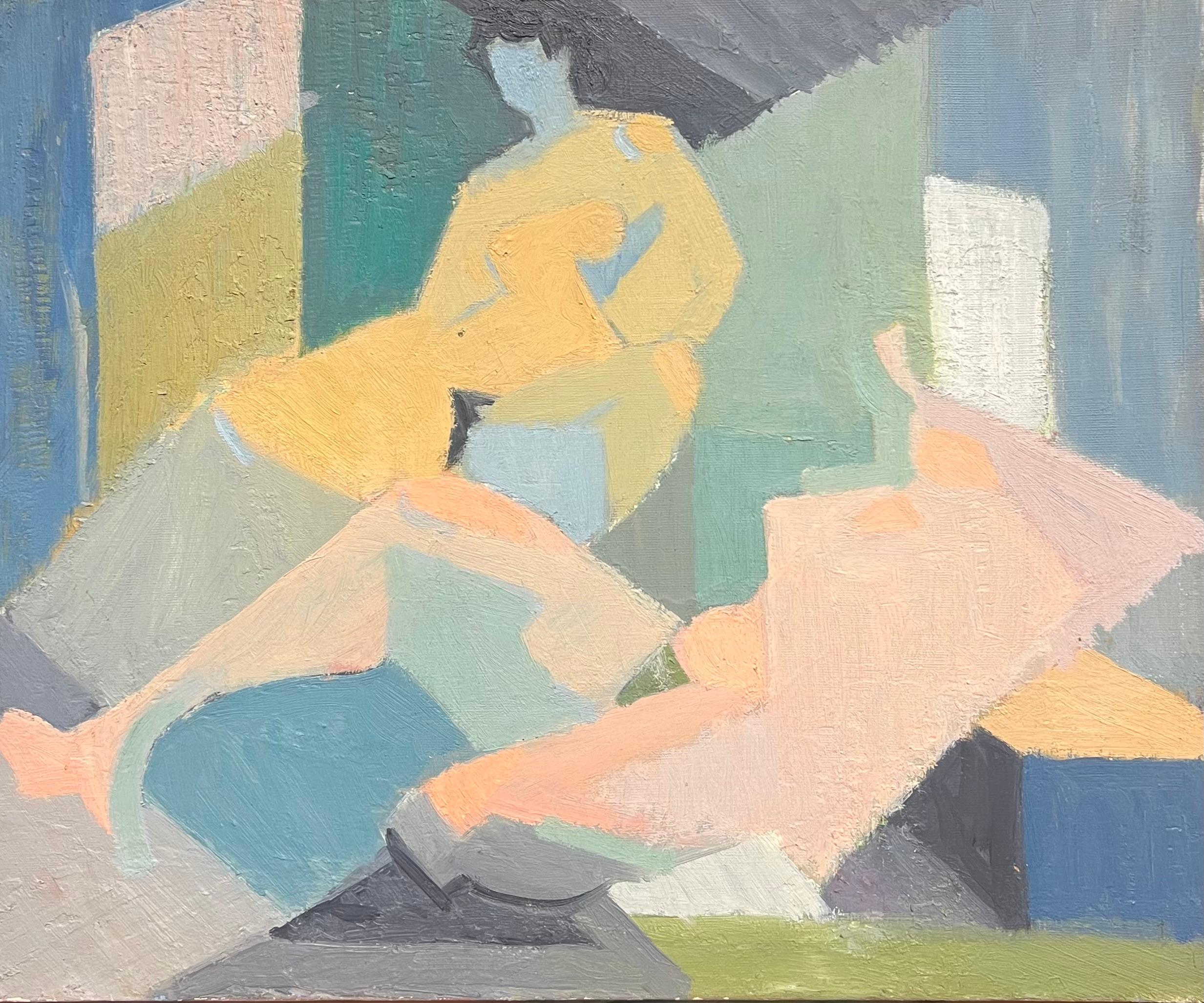 Abstract Painting di Therese Hummel - Pittura a olio francese della metà del XX secolo Ritratto cubista di figura nuda