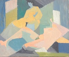Pittura a olio francese della metà del XX secolo Ritratto cubista di figura nuda