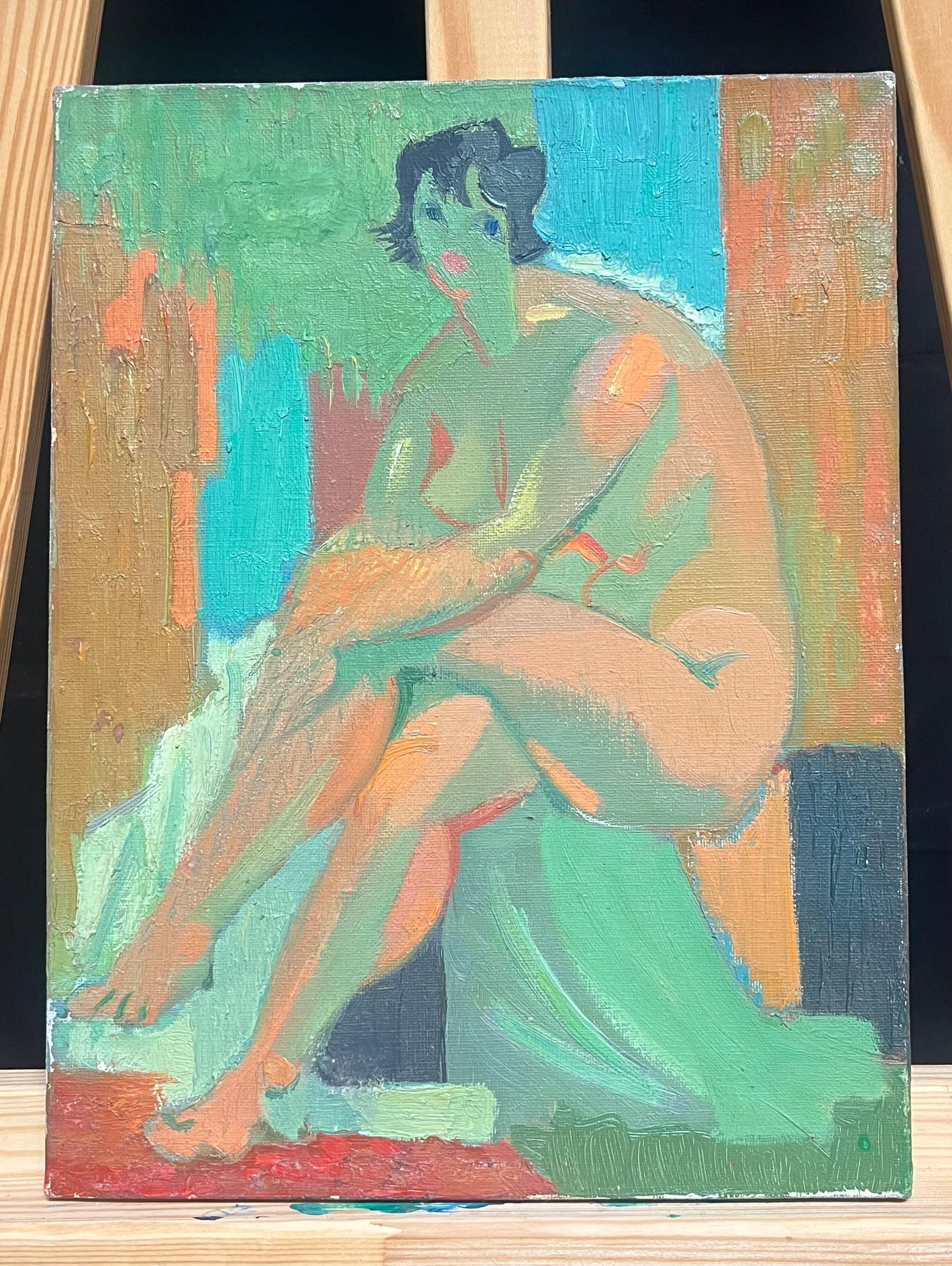 Mid 20th-Century French Oil Painting Cubist Portrait of Nude Lady - Brown Abstract Painting by Therese Hummel