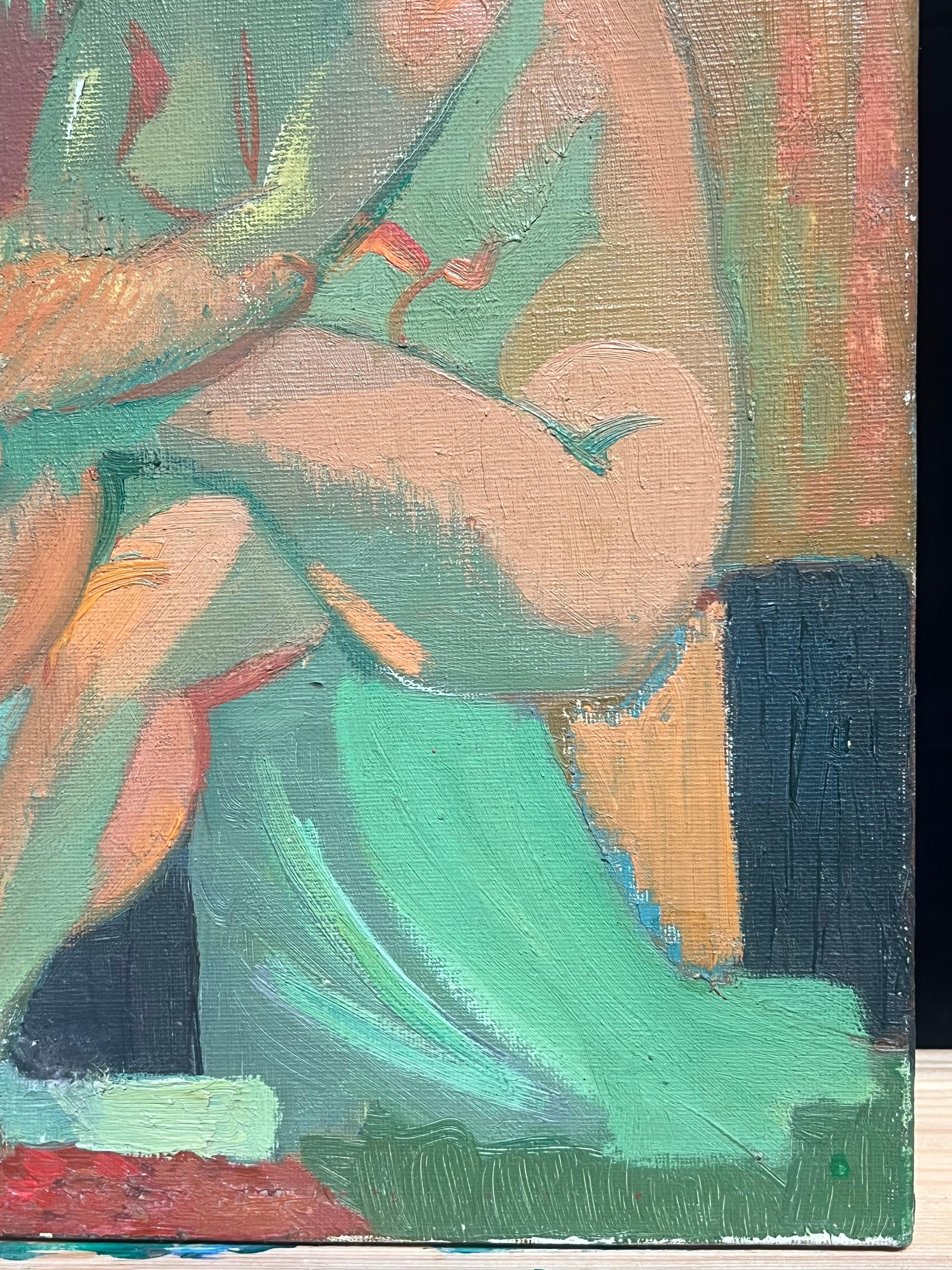 Mid 20th-Century French Oil Painting Cubist Portrait of Nude Lady For Sale 3