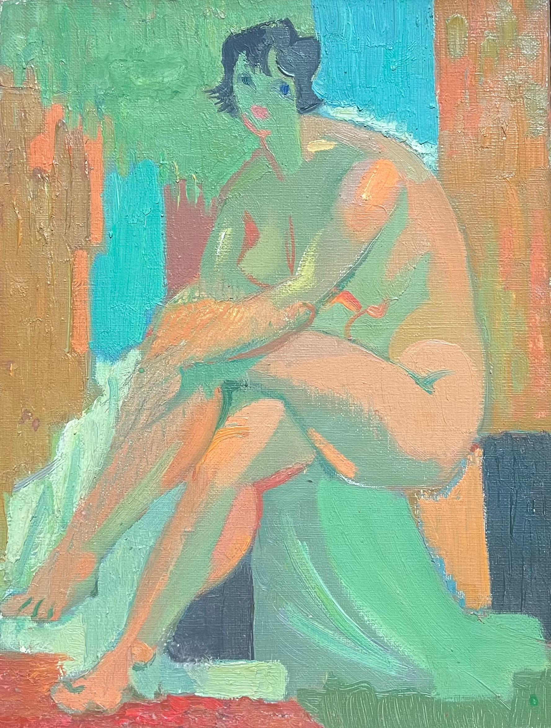 Therese Hummel Abstract Painting - Mid 20th-Century French Oil Painting Cubist Portrait of Nude Lady