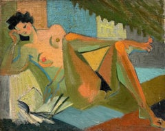 Mid 20th-Century French Oil Painting Cubist Portrait of Nude Lady Reading
