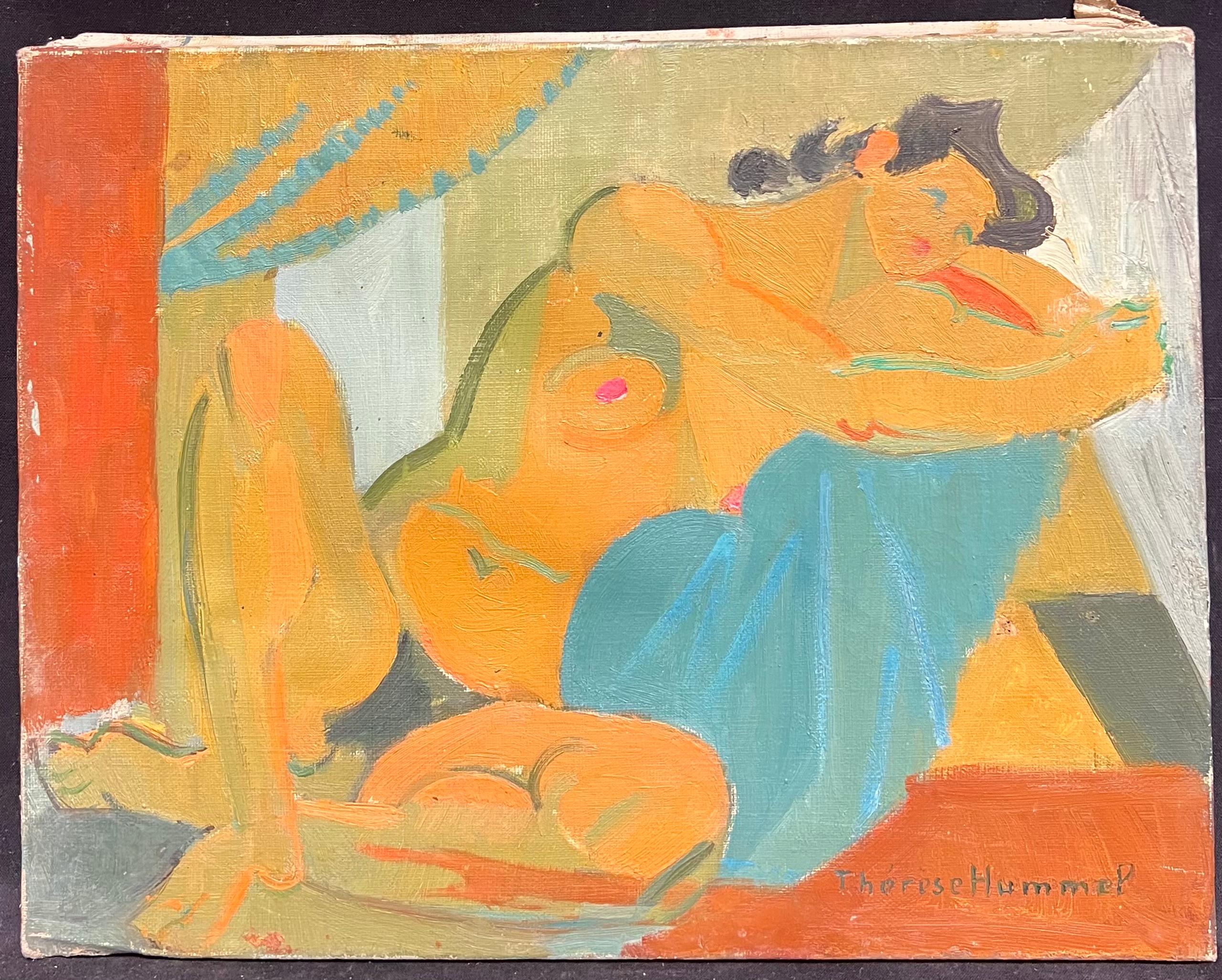 Mid 20th-Century French Oil Painting Cubist Portrait of Nude Lady signed - Orange Nude Painting by Therese Hummel