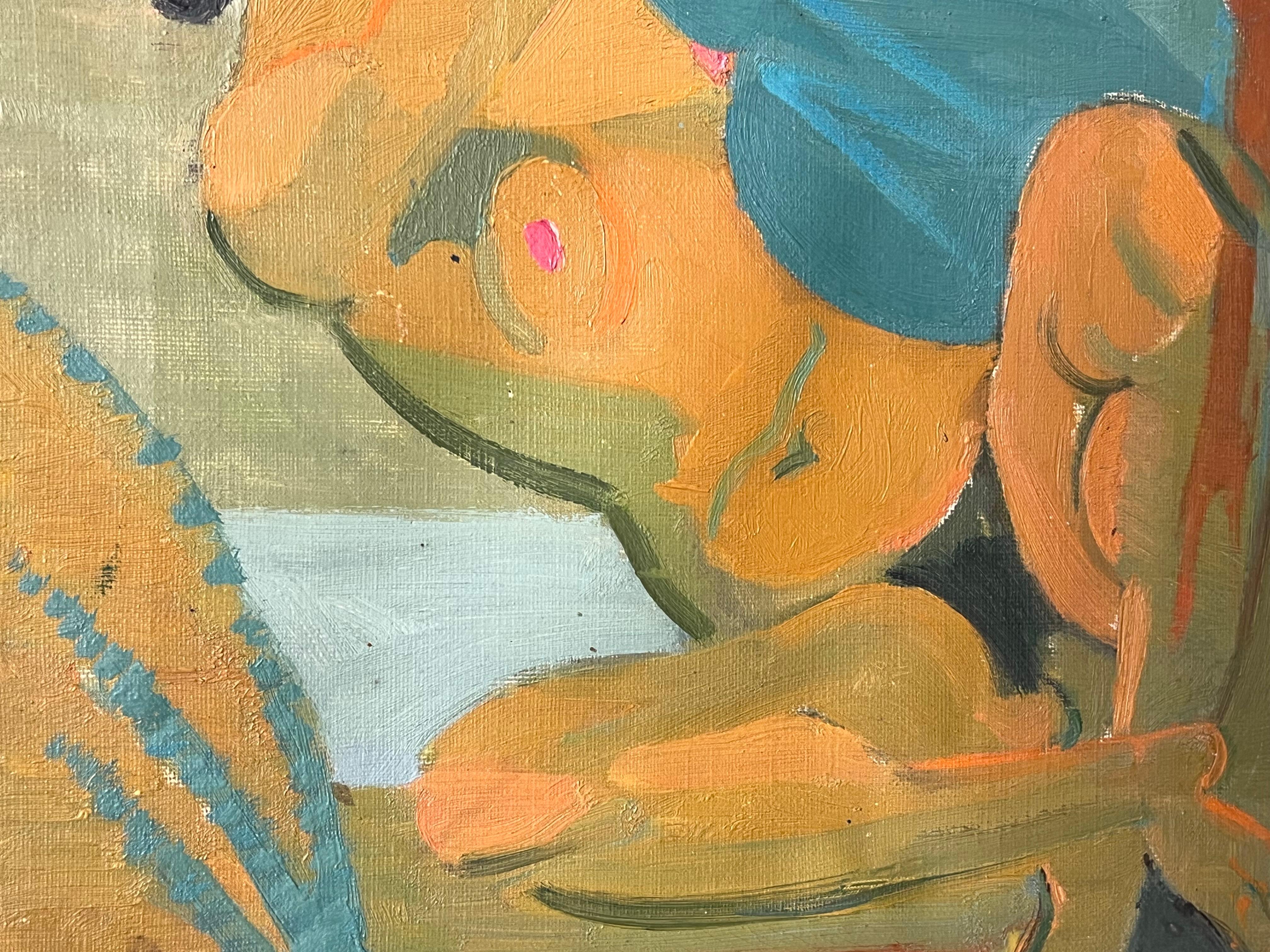 Mid 20th-Century French Oil Painting Cubist Portrait of Nude Lady signed For Sale 1