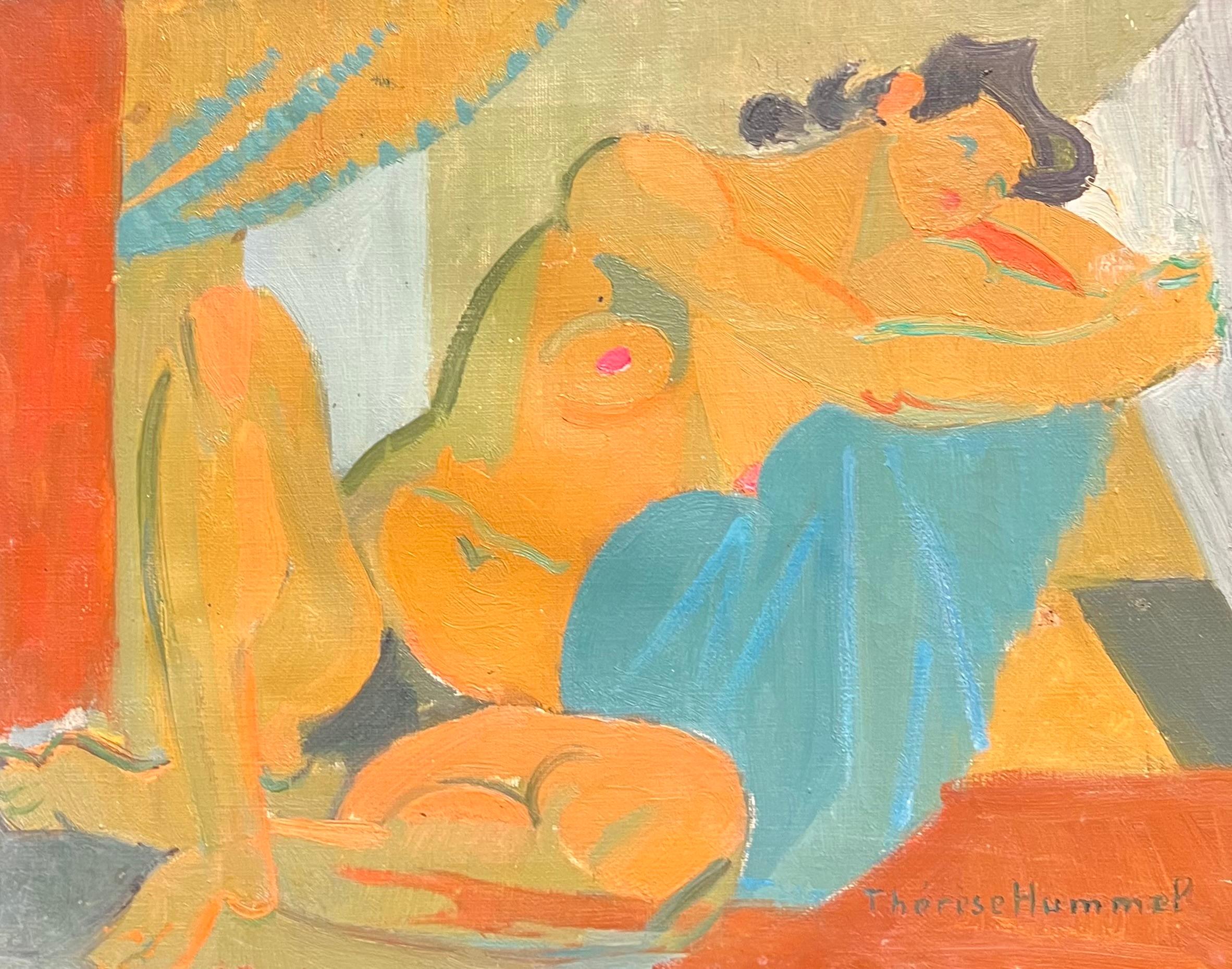 Therese Hummel Nude Painting - Mid 20th-Century French Oil Painting Cubist Portrait of Nude Lady signed