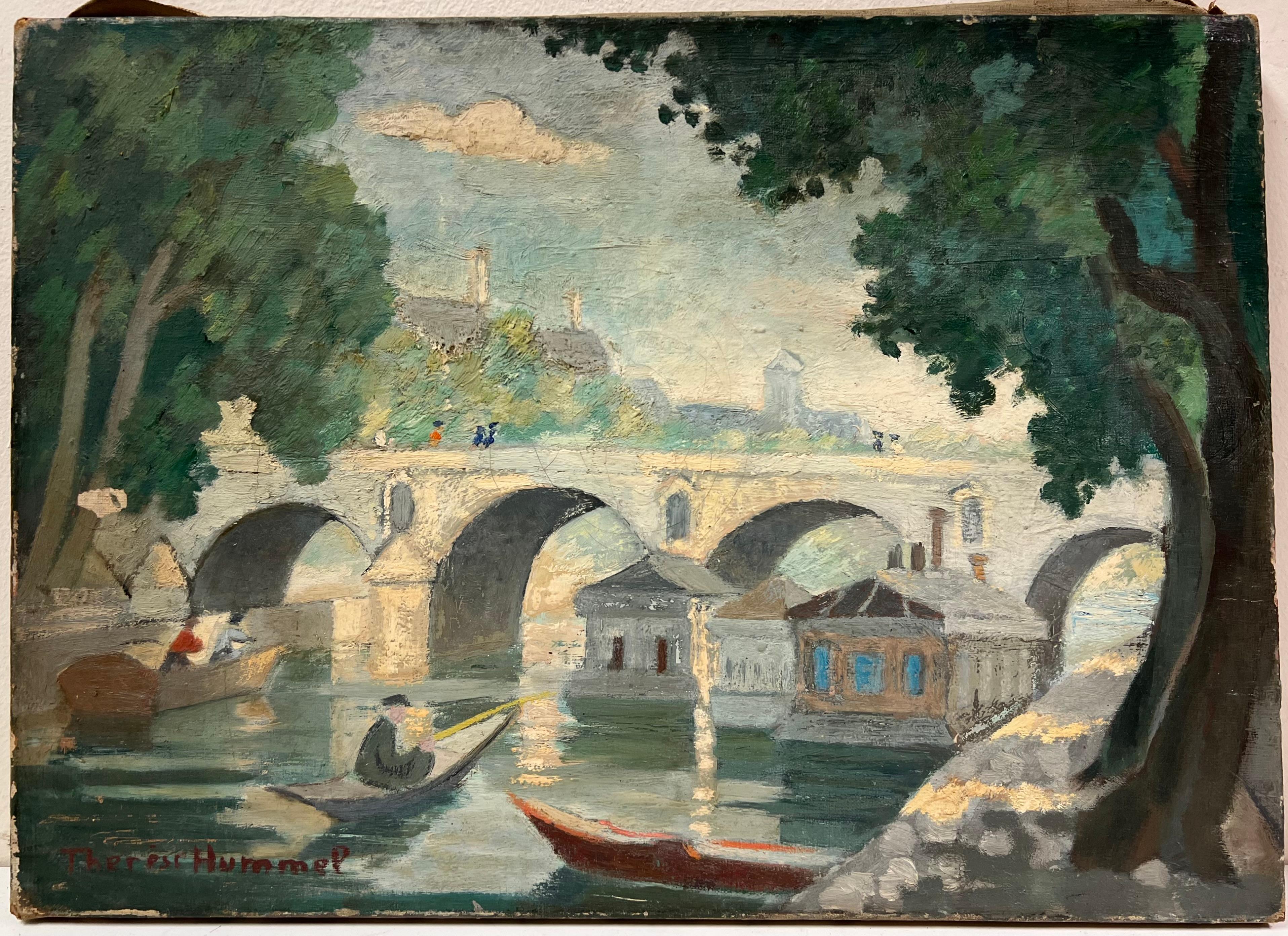 Huile sur toile du milieu du XXe siècle Scène au bord de l'eau avec personnages en train de ramer et pont de pierre - Painting de Therese Hummel